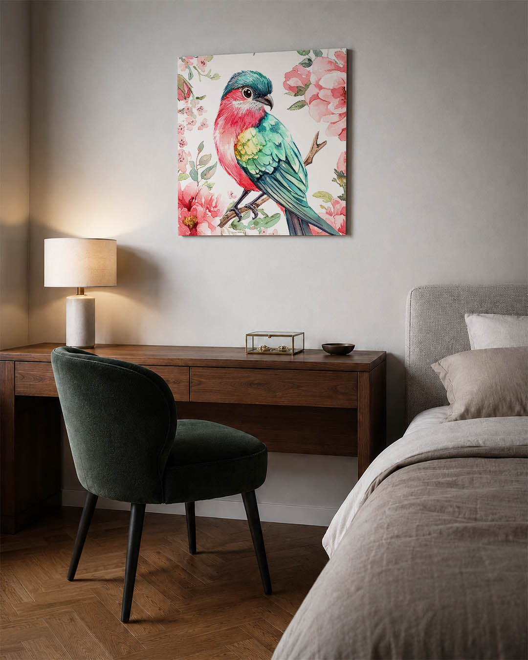 Vogel en bloemen kunstwerk – materiaalweergave – dit kunstwerk toont een kleurrijke vogel omringd door bloemen. De levendige