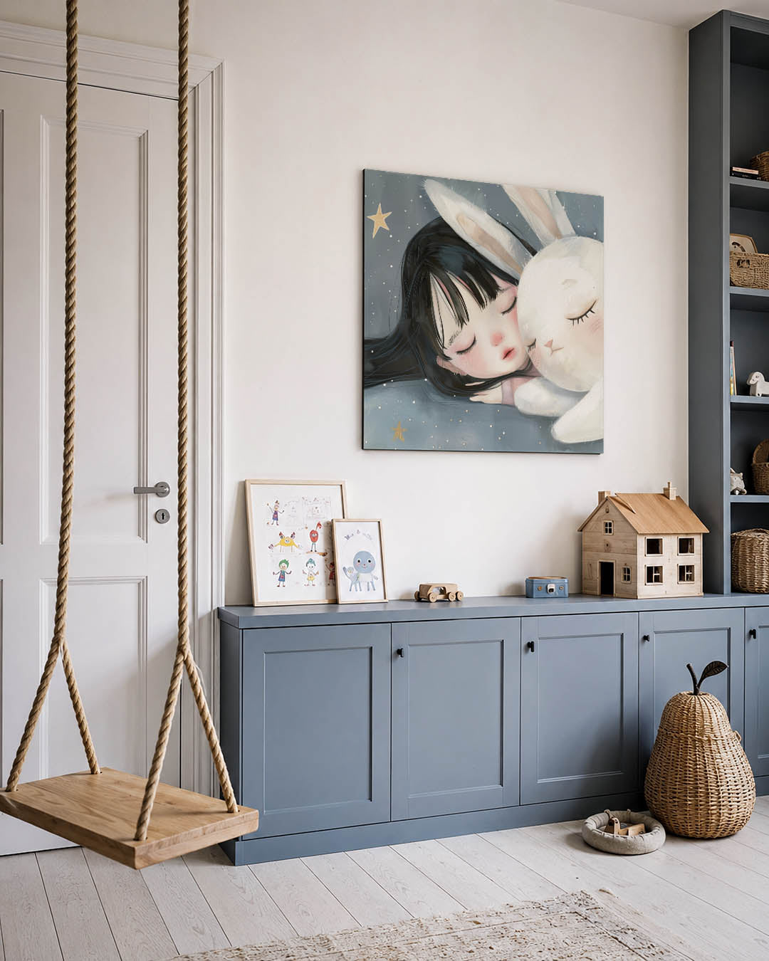 Dromerig kind en konijn kunstwerk – vierkante wanddecoratie – dit kunstwerk toont een slapend kind naast een konijn, omgeven