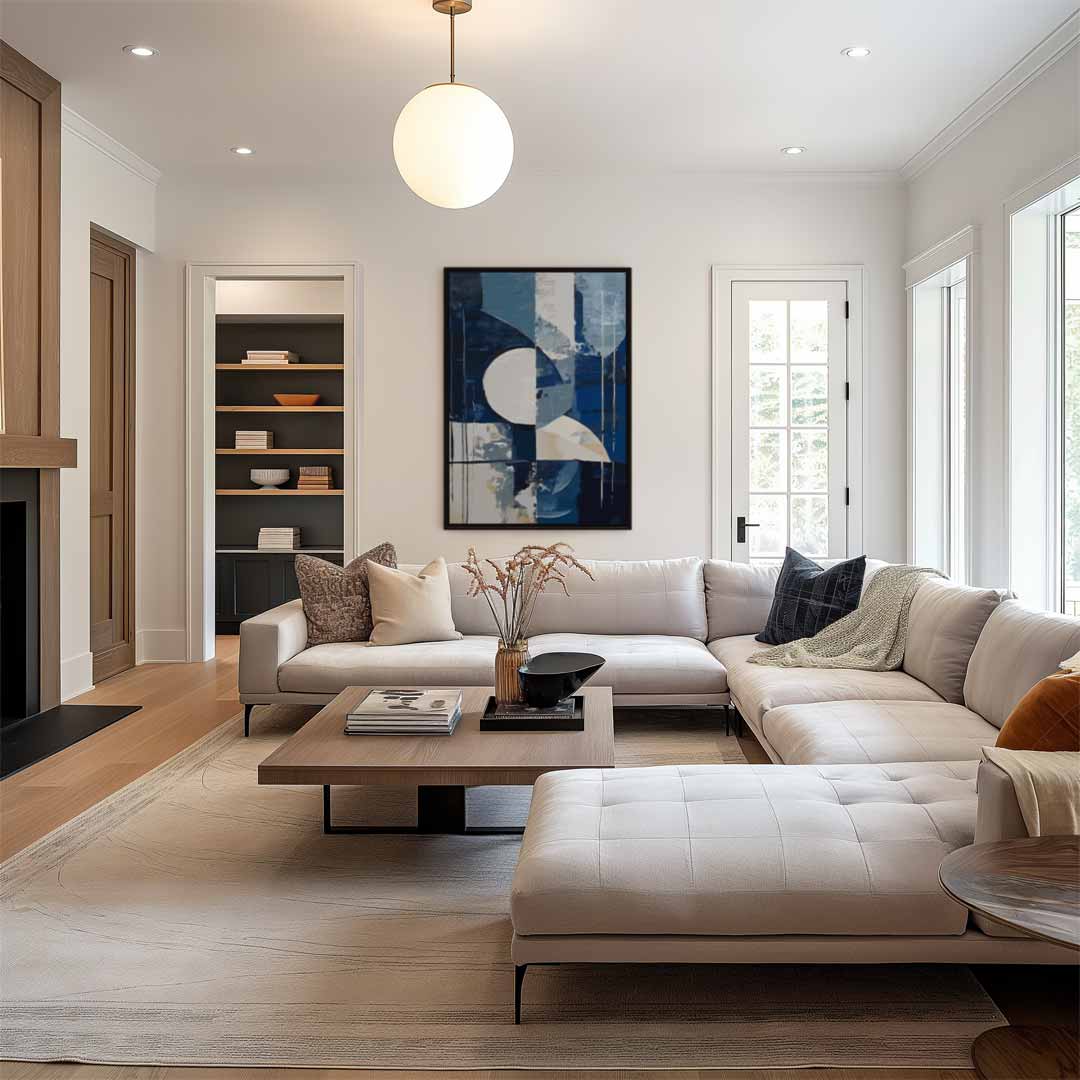 Abstracte Blauwe Geometrie – staand kunstwerk voor modern interieur