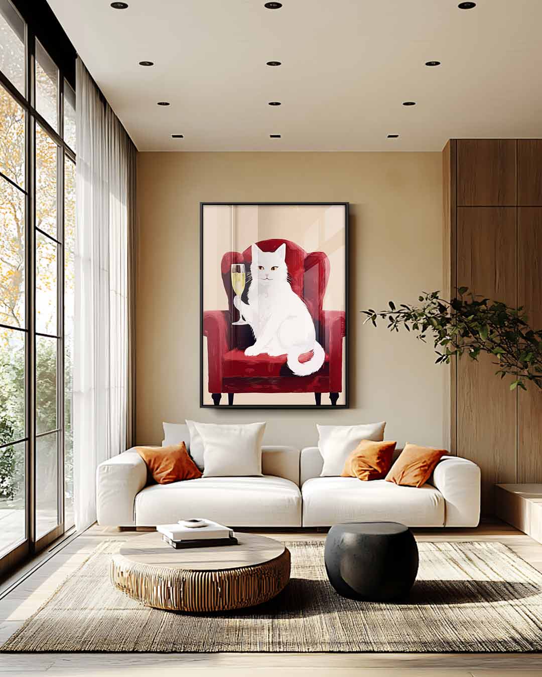 Aristocratische Kat op Rode Fauteuil – modern portret kunstwerk van WallArtistic