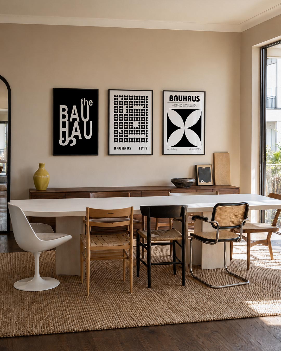 Typografisch spel posterset – tweede productweergave – witte letters dansen op een zwarte achtergrond, vormen een speelse