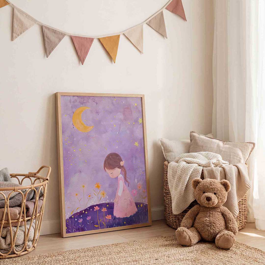 Meisje met bloemen – speelse wandkunst als portret kinderposter