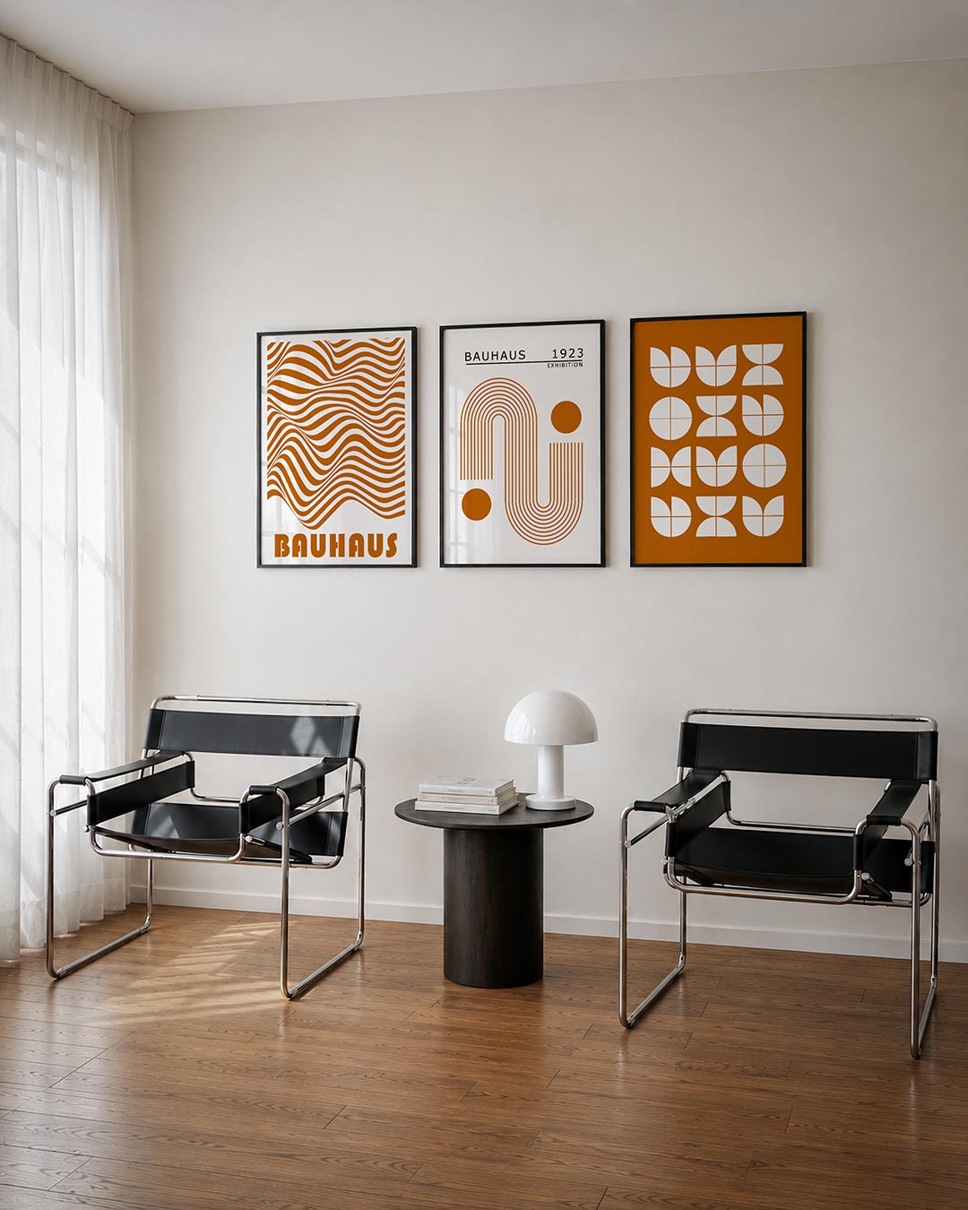 Golvend lijnenspel driedelige posterset – deze posterset in drie delen toont vloeiende, golvende lijnen in warme oranje