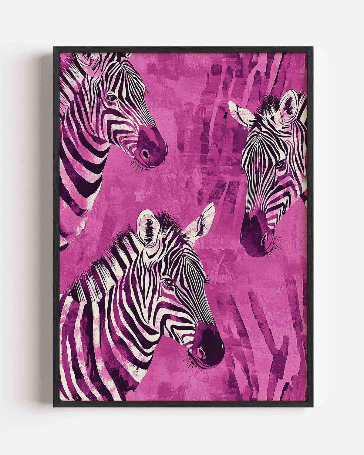Zebra's op roze – dieren portret poster als wanddecoratie
