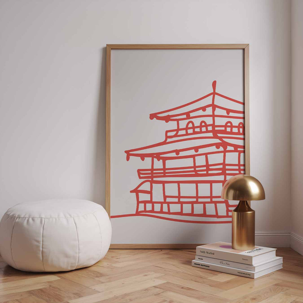Sierlijke Japanse Tempel Tekening – zomerse wandkunst als portret poster