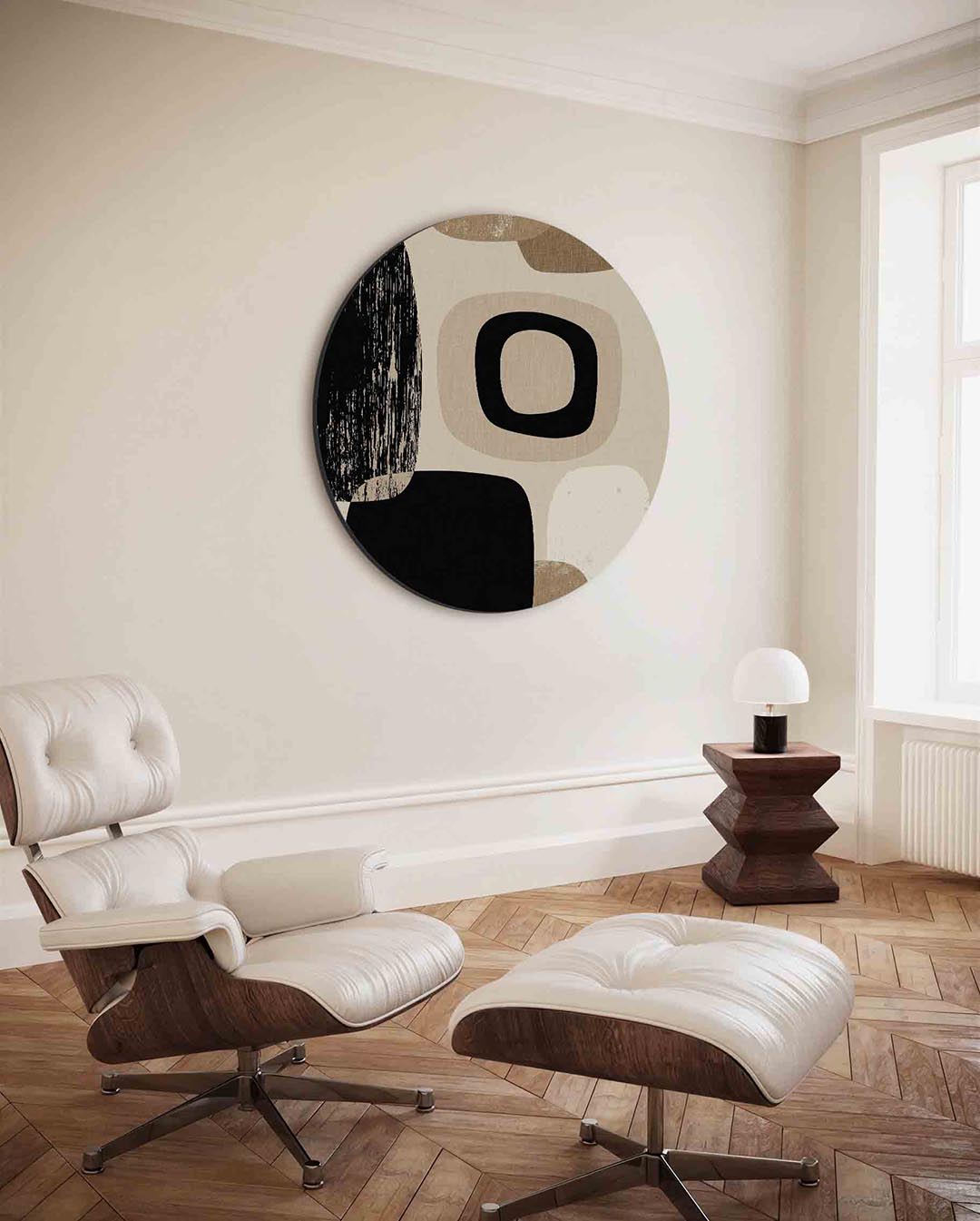 Abstracte vormen – moderne ronde wanddecoratie met vrouwelijk portret