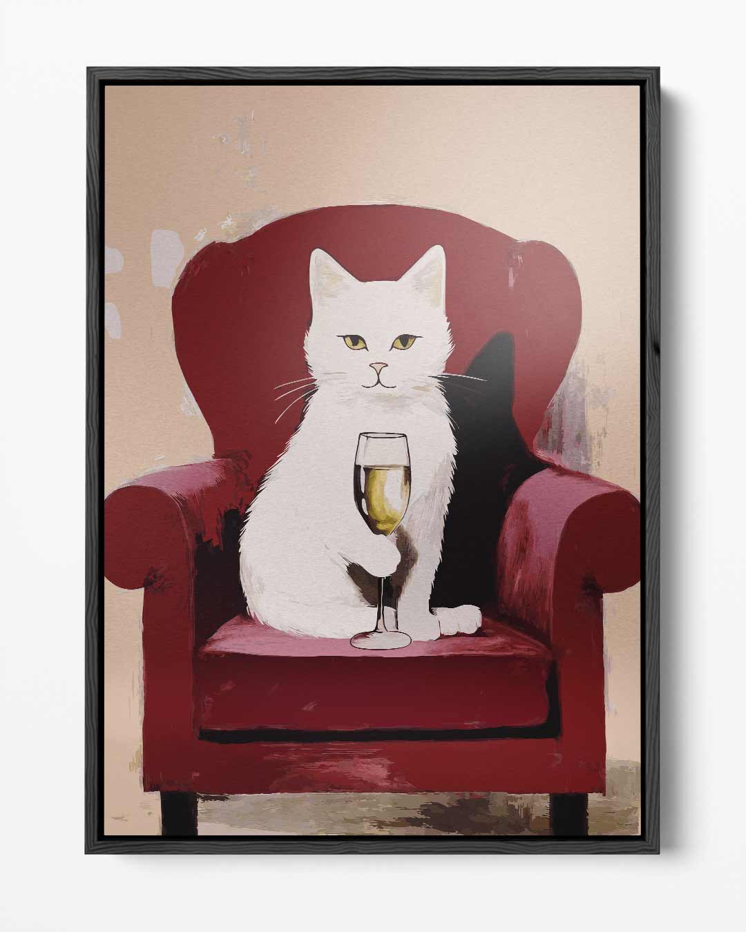Luxe Kat met Wijn op Rood Stoel – portret kunstwerk als wanddecoratie