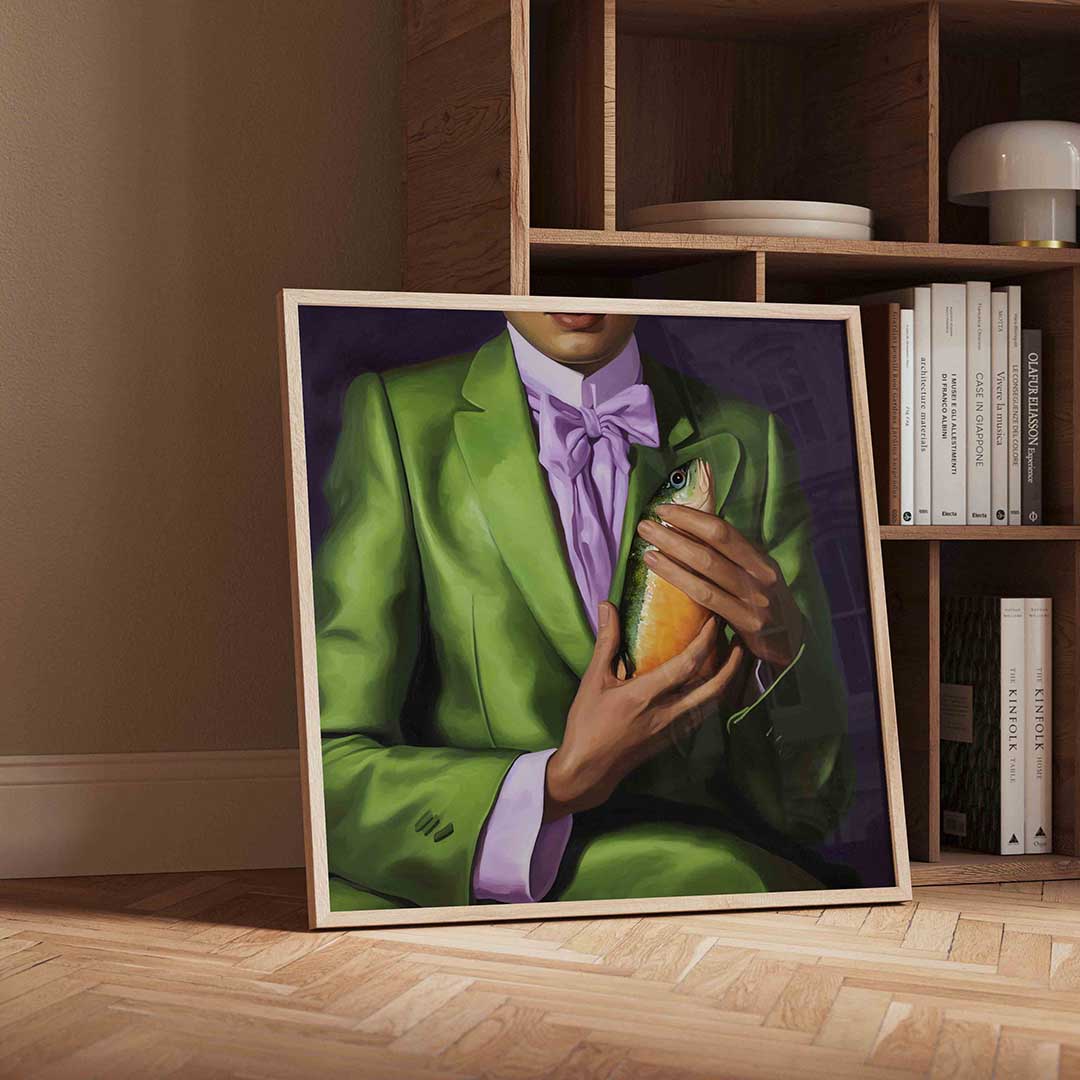 Groen pak met vis – moderne wandkunst met kleur en vormen als poster