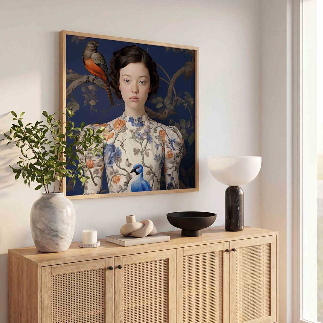 Meisje met vogels – kunst en design poster in vierkant formaat
