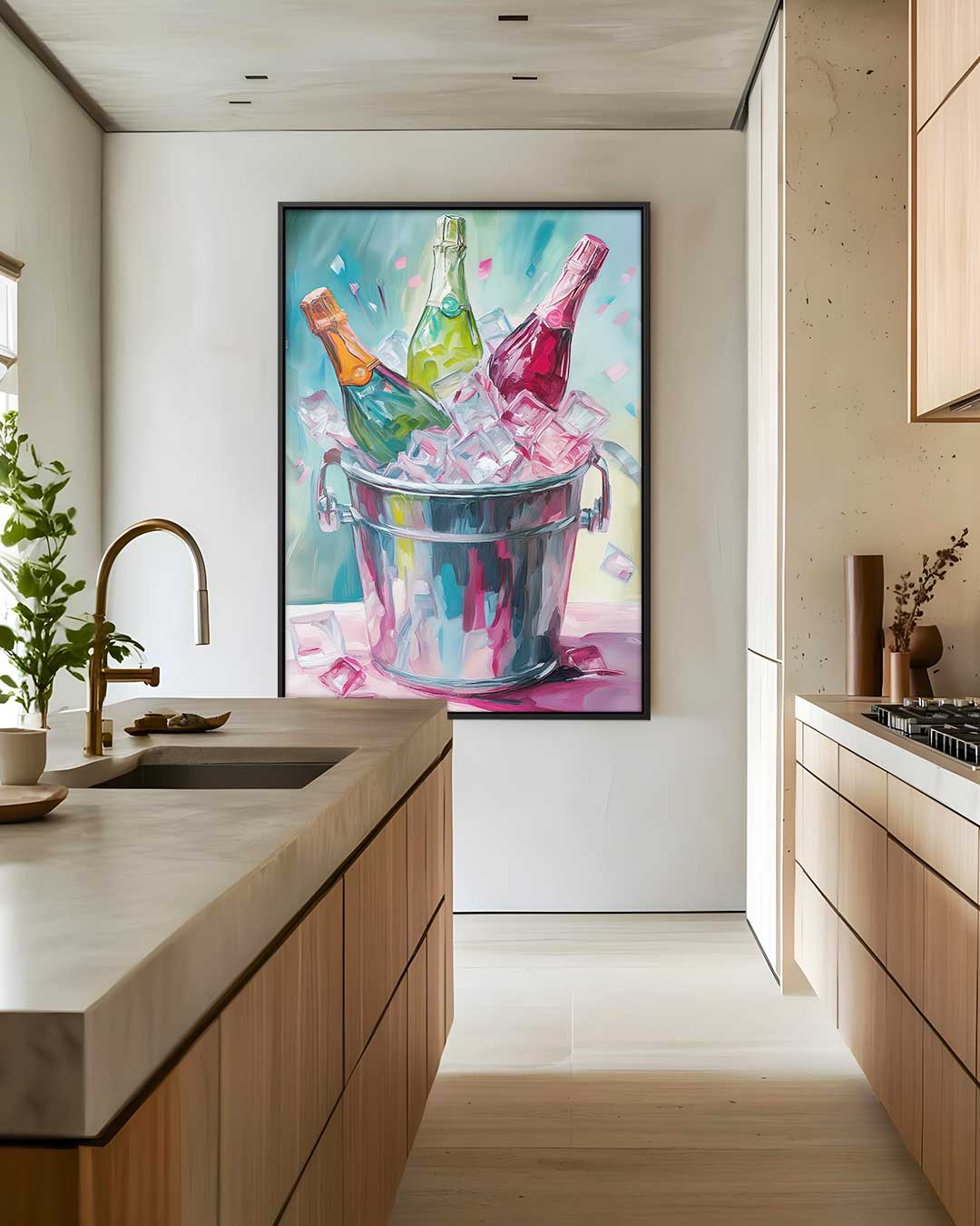 Drie Champagneflessen op IJs – staand kunstwerk voor modern interieur