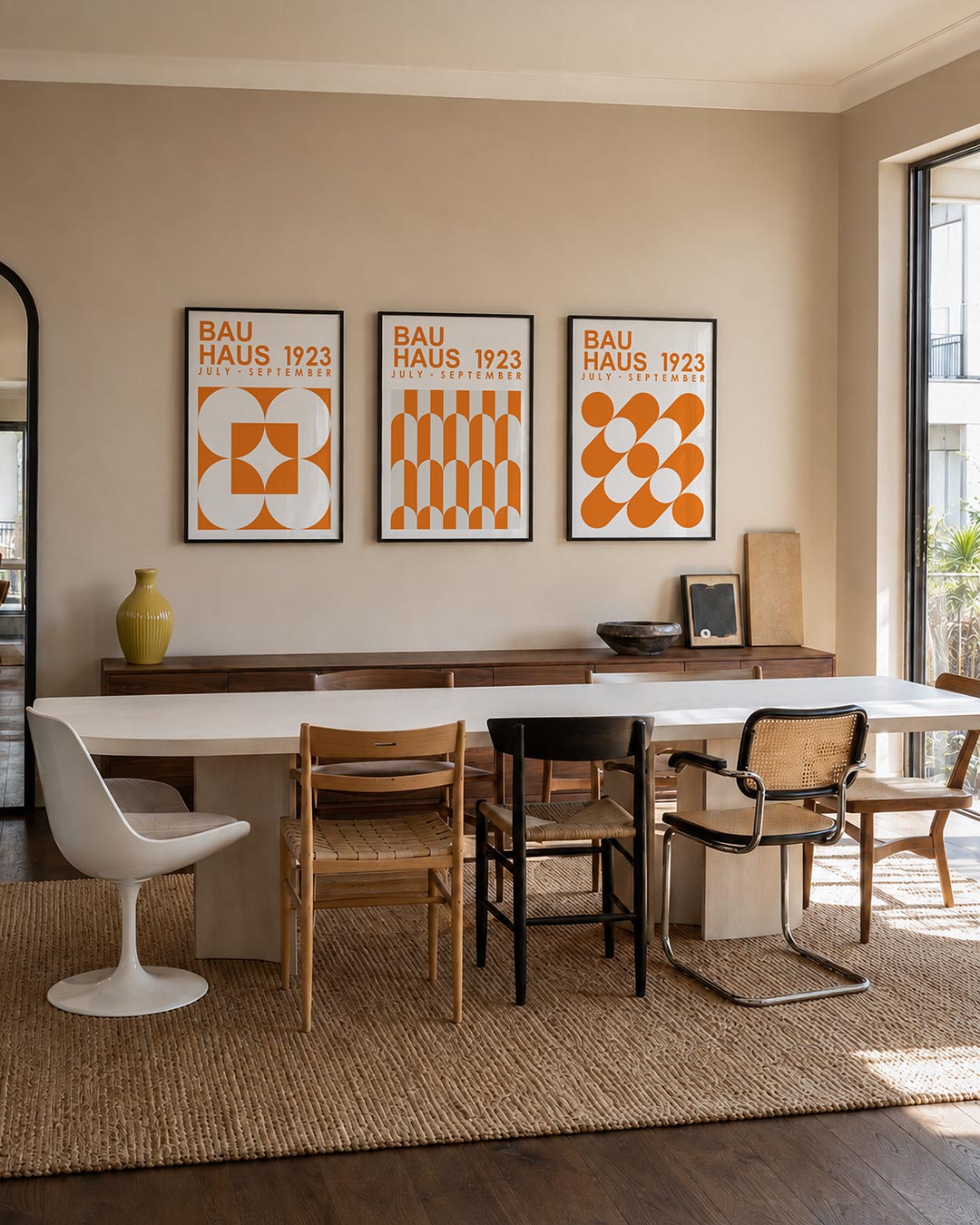 Vormen en vlakken posterset – tweede productweergave – deze posterset in drie delen toont een speels lijnenspel van oranje en
