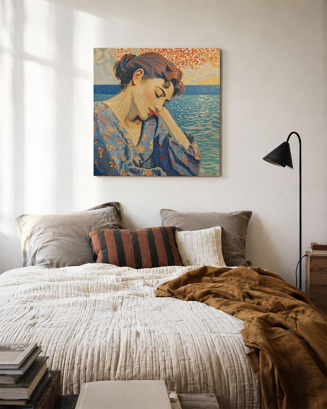 Dromerige vrouw kunstwerk – detailweergave – dit werk toont een vrouw met gesloten ogen, omringd door een zee en lucht. De