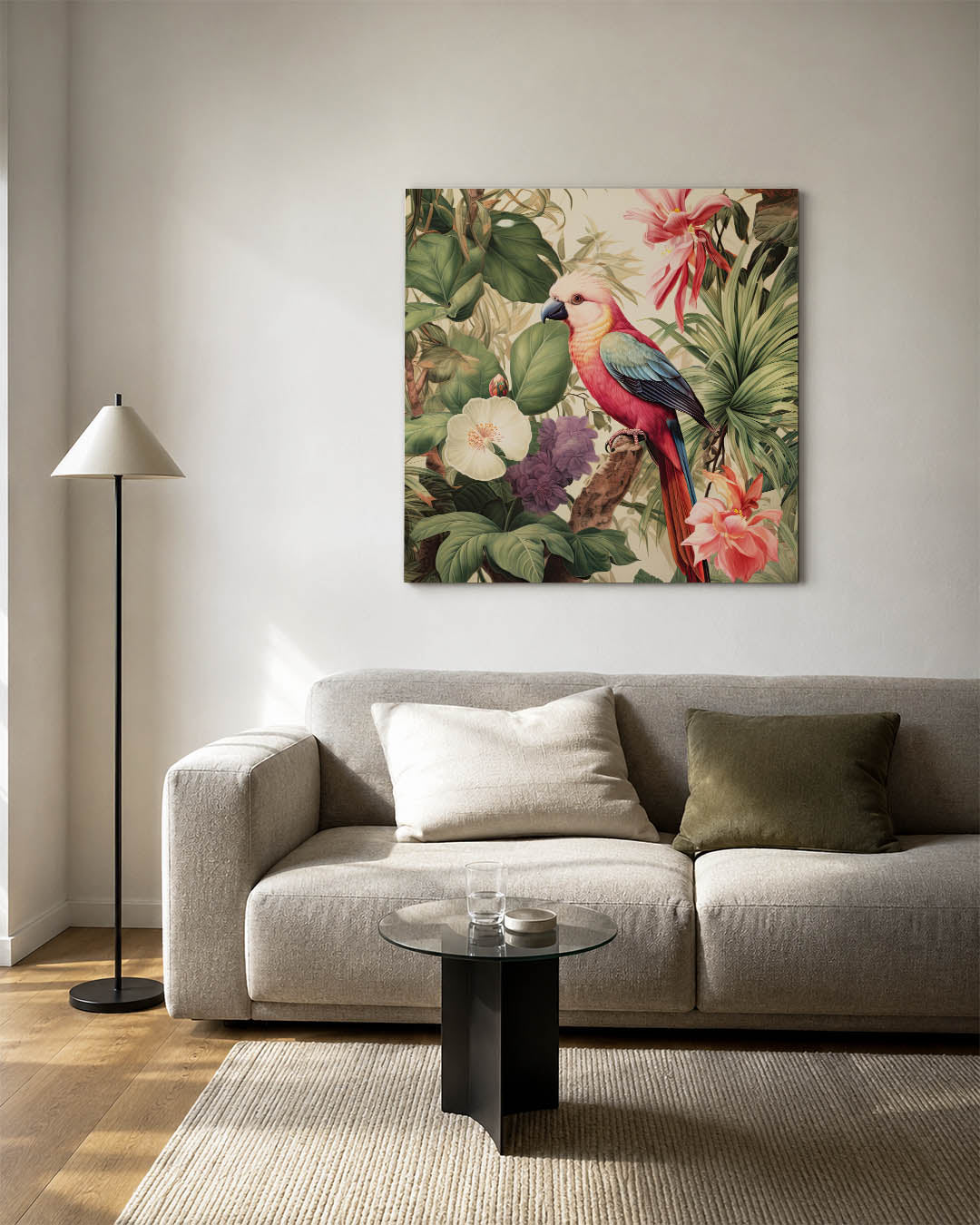 Exotische vogel en bloemen kunstwerk – detailweergave – dit werk toont een kleurrijke vogel te midden van weelderige bloemen