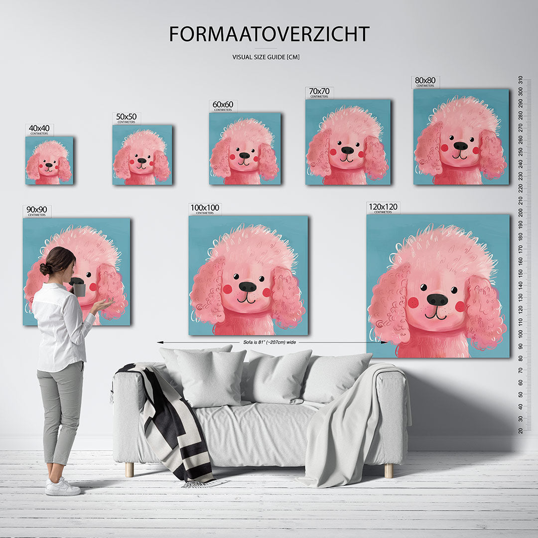 Vrolijke hond kunstwerk – sfeerbeeld – dit kunstwerk toont een schattige roze hond met krullend haar tegen een blauwe
