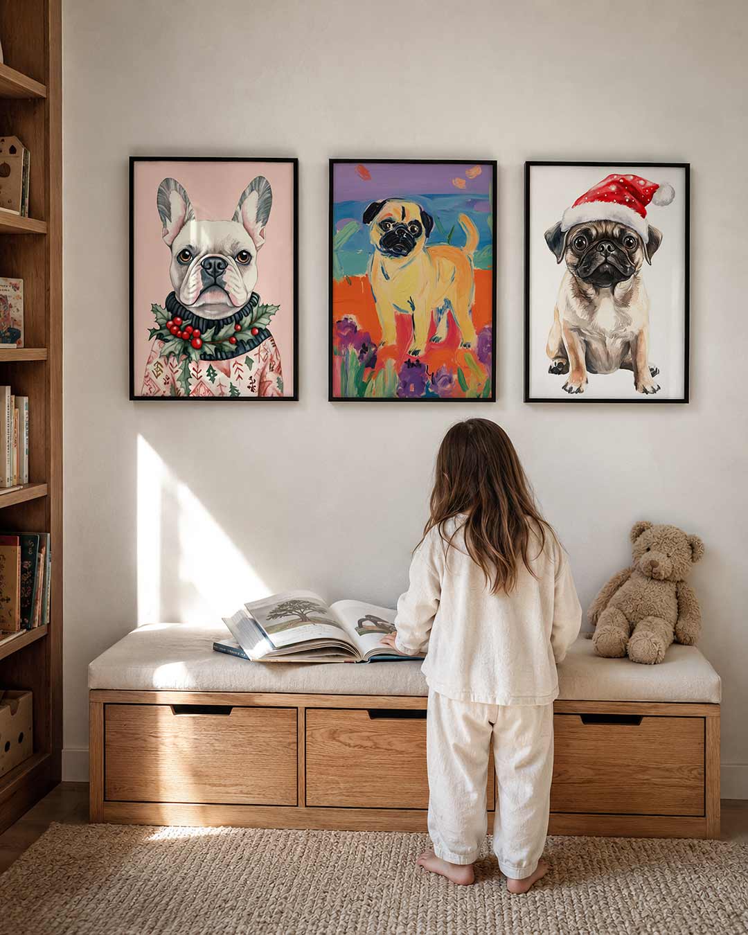 Hond met kersttrui posterset – derde productweergave – een schattige hond met een feestelijke trui vol