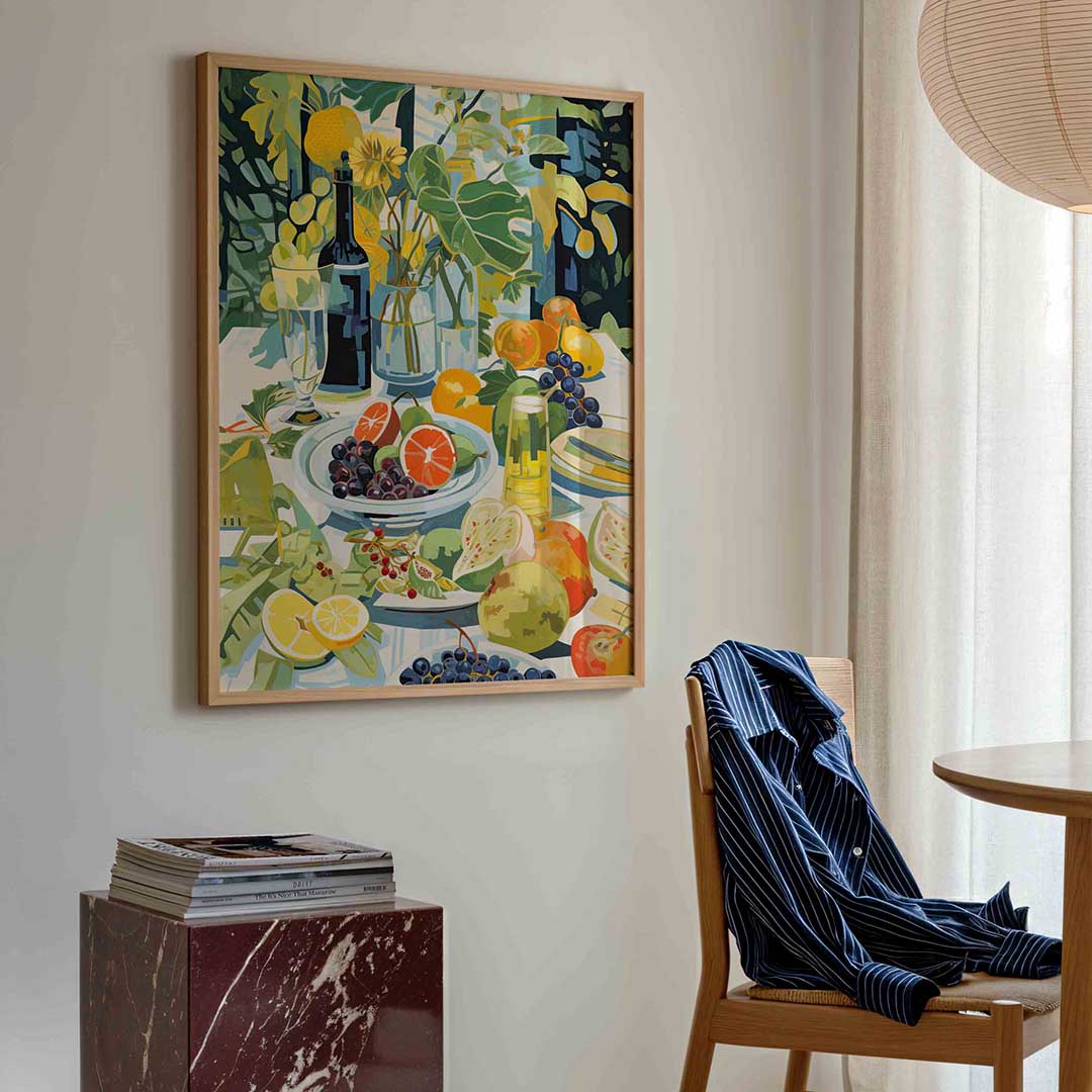 Fruit en bloemen tafel – kleurrijke illustratie poster in staand formaat