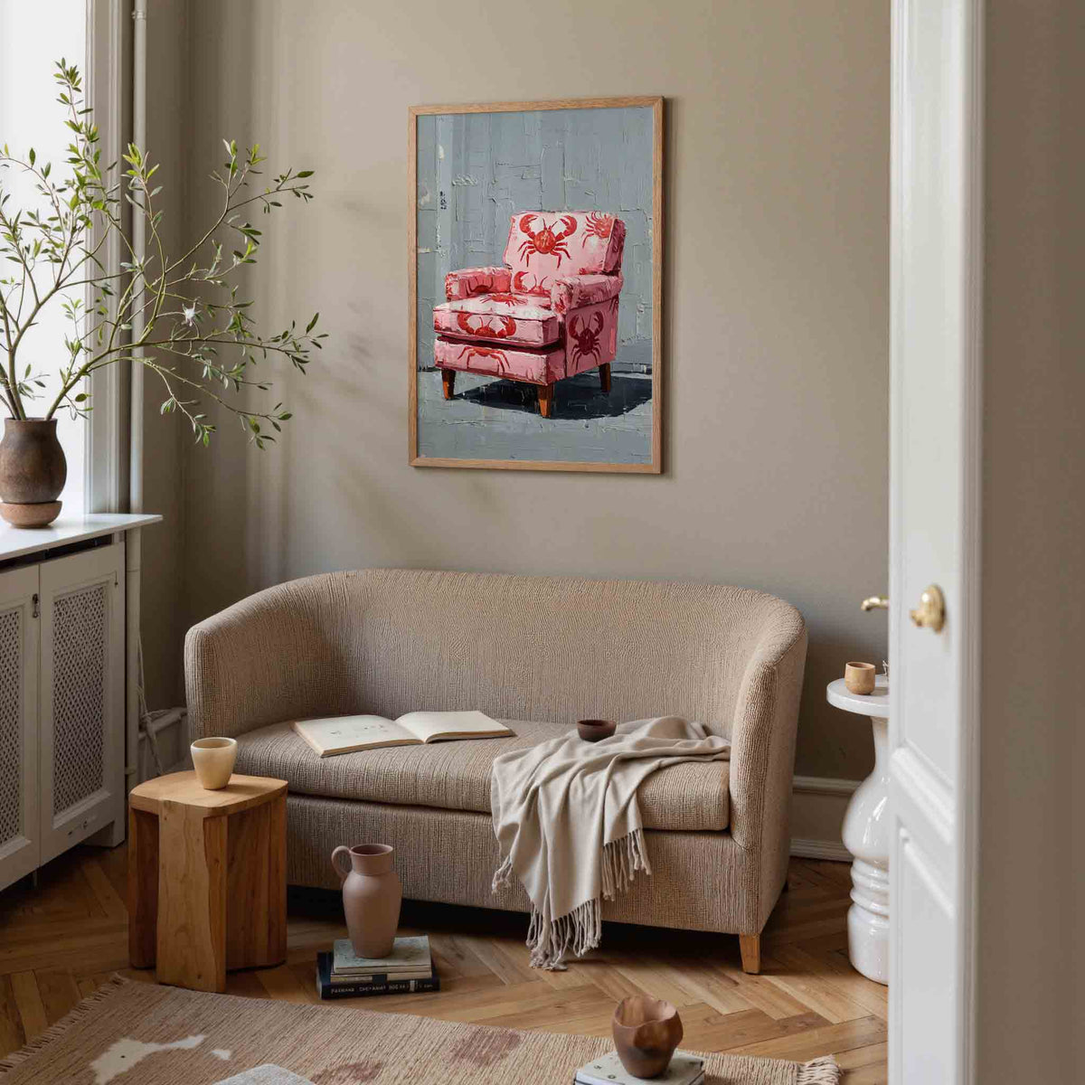 Roze stoel met krabben – illustratie poster in staand formaat