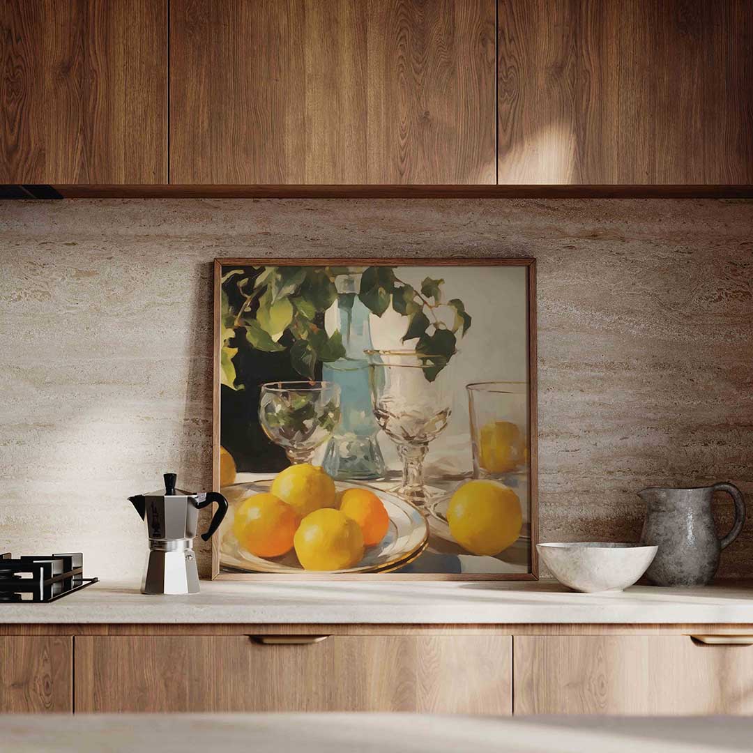 Citrus en glazen – culinaire wandkunst als vierkante poster