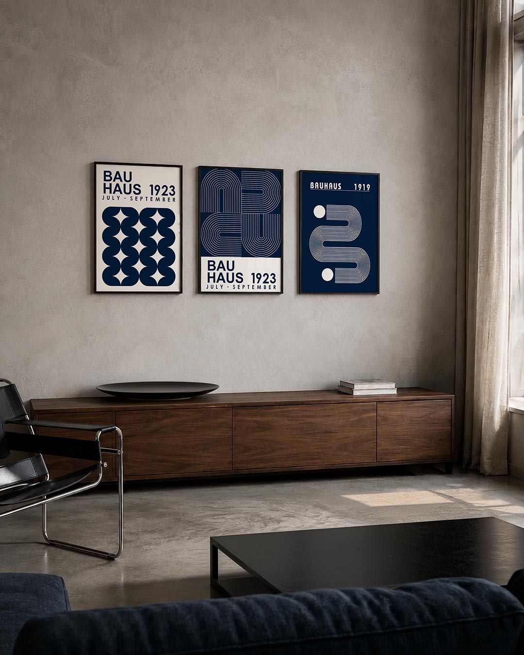 Vorm en ritme posterset – tweede productweergave – donkerblauwe vormen creëren een ritmisch patroon op een witte achtergrond.