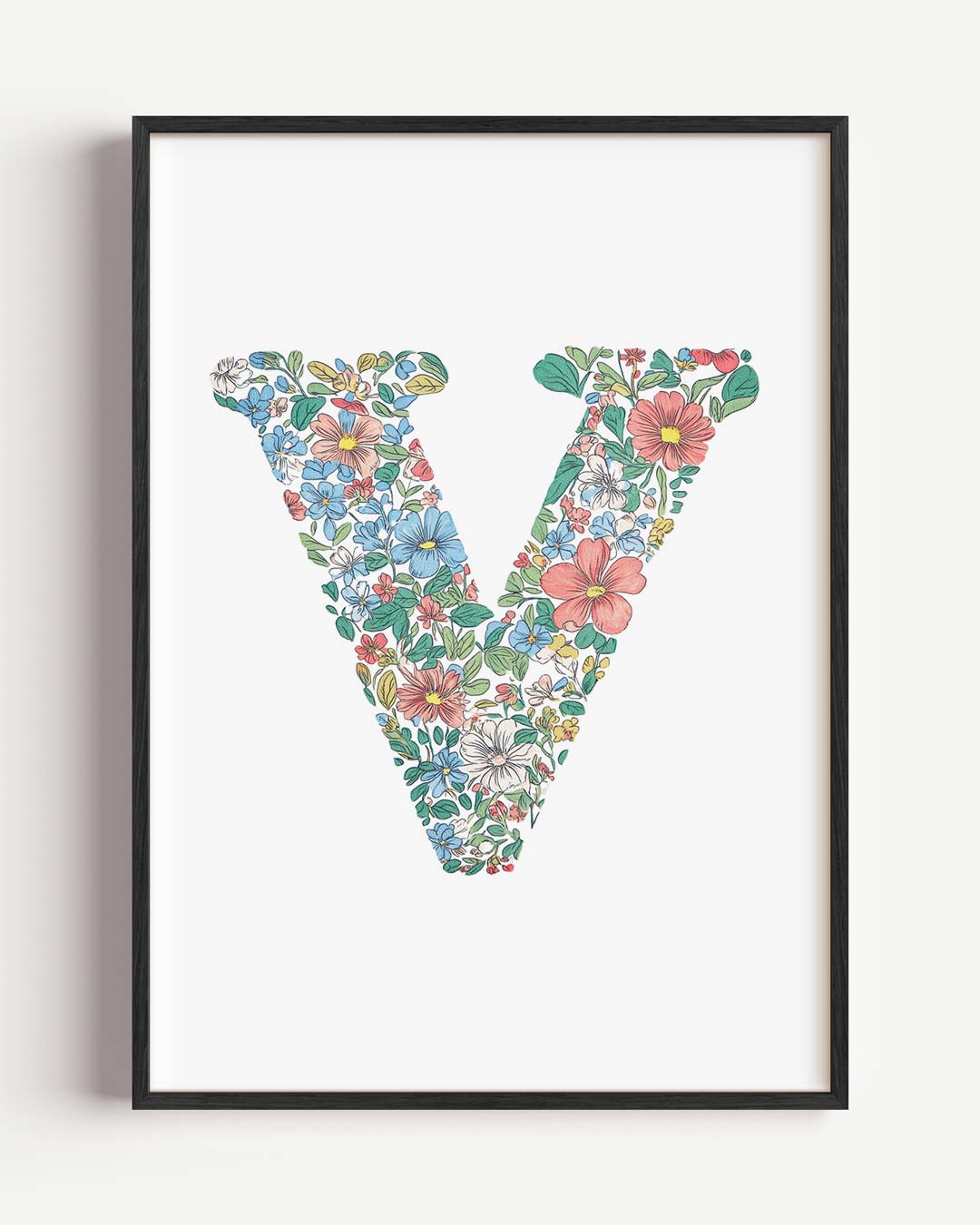 Bloemrijke Letter V – kids portret poster als wanddecoratie