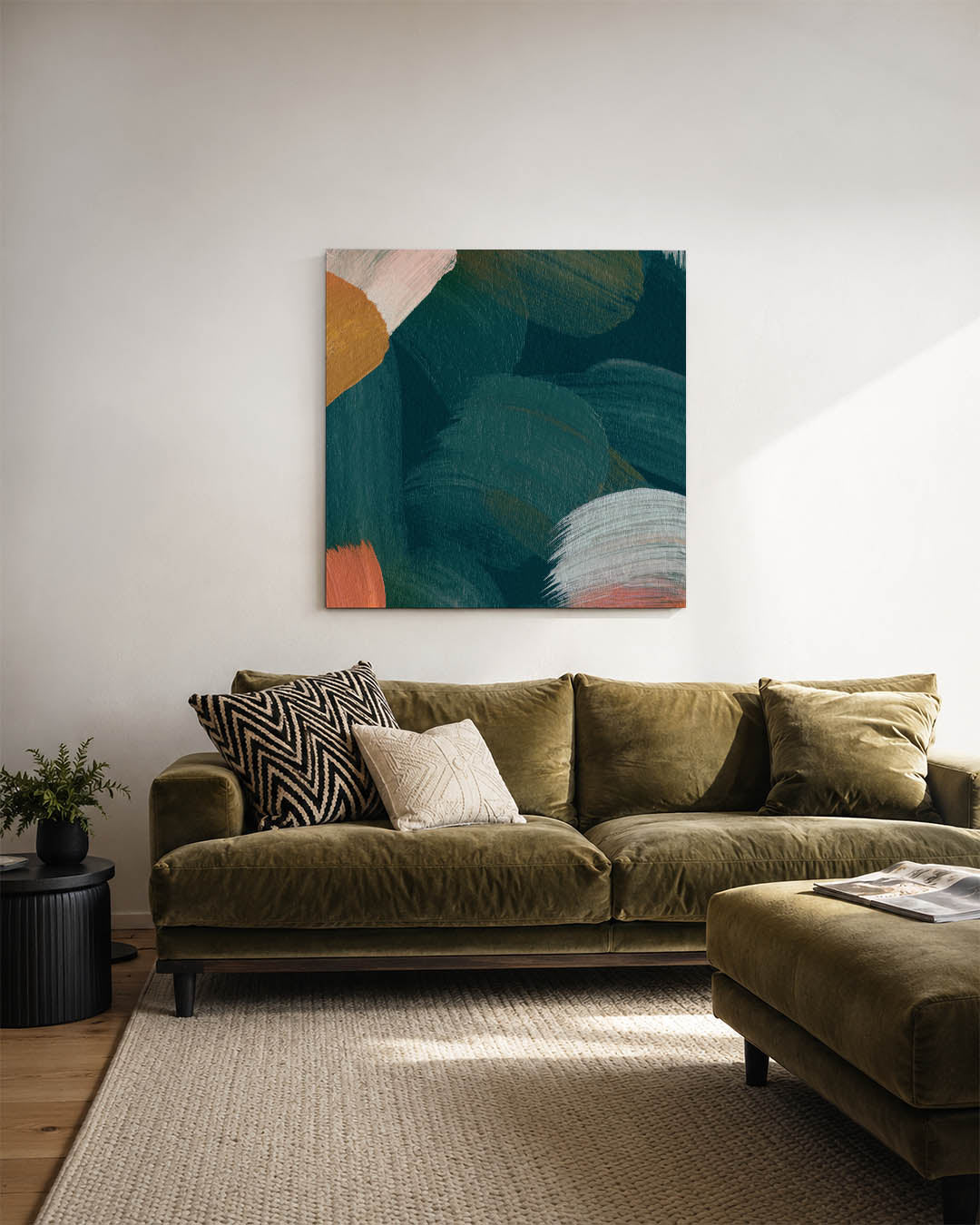 Kleurencompositie kunstwerk – sfeerbeeld – dit werk toont een levendige mix van kleuren en vormen. Brede penseelstreken in