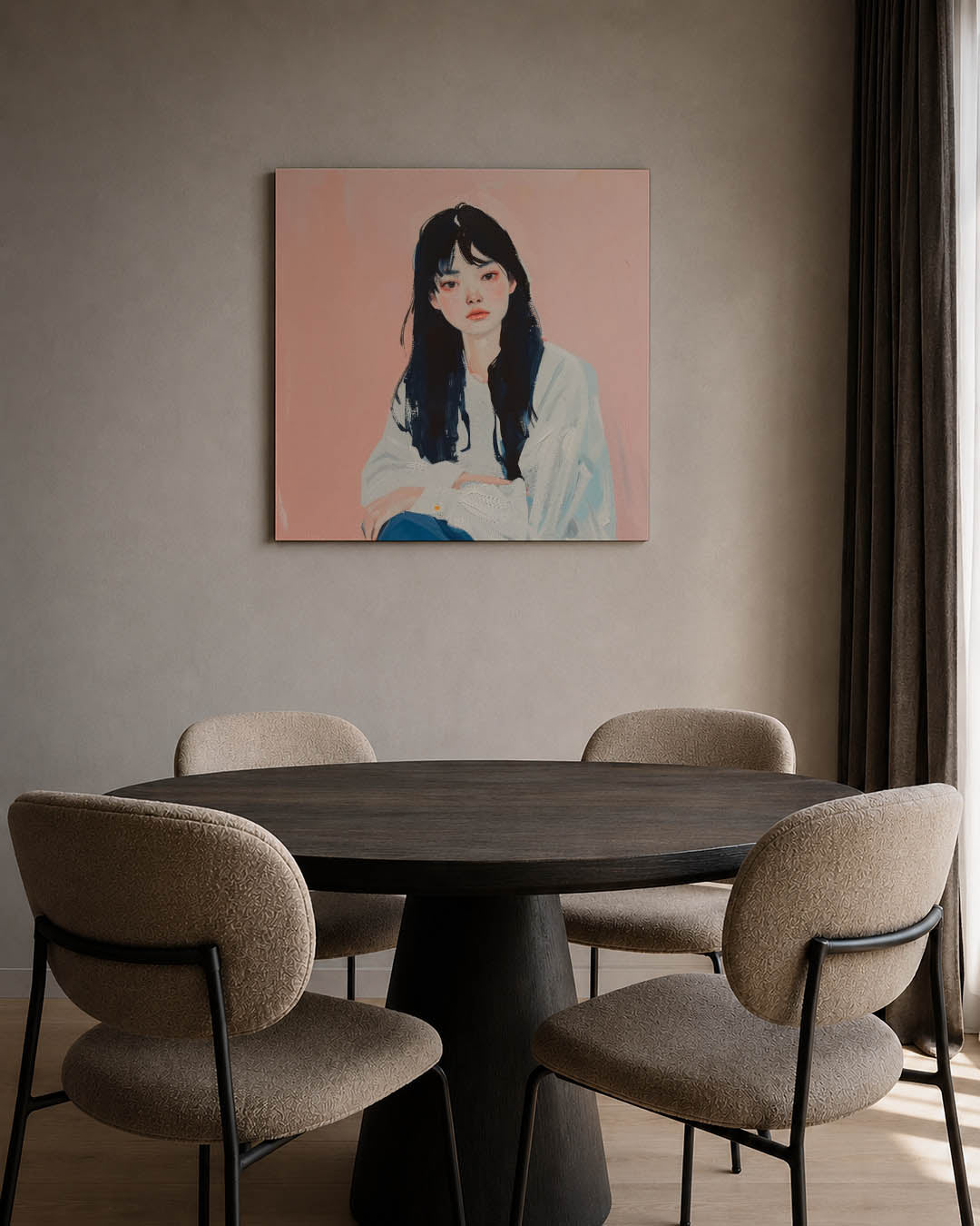 Dromerige portretstudie kunstwerk – tweede productweergave – dit kunstwerk toont een jonge vrouw tegen een zachte roze