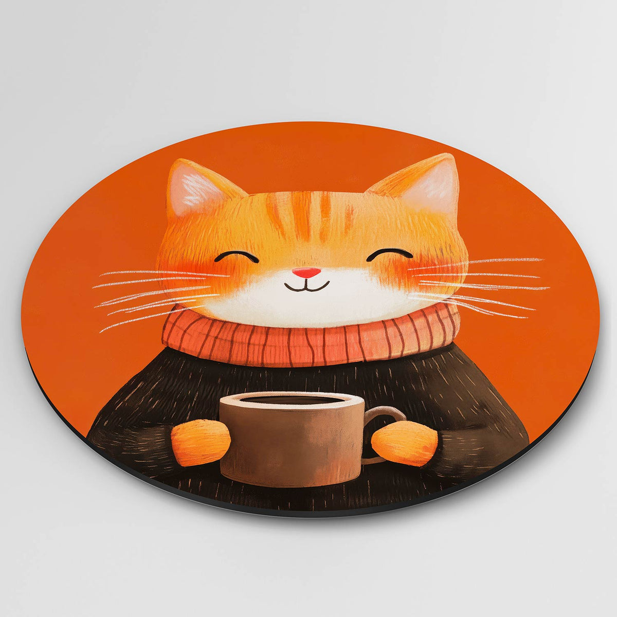 Lachende kat met mok Muurcirkel – detailweergave – Een lachende oranje kat met een mok tegen een oranje achtergrond.