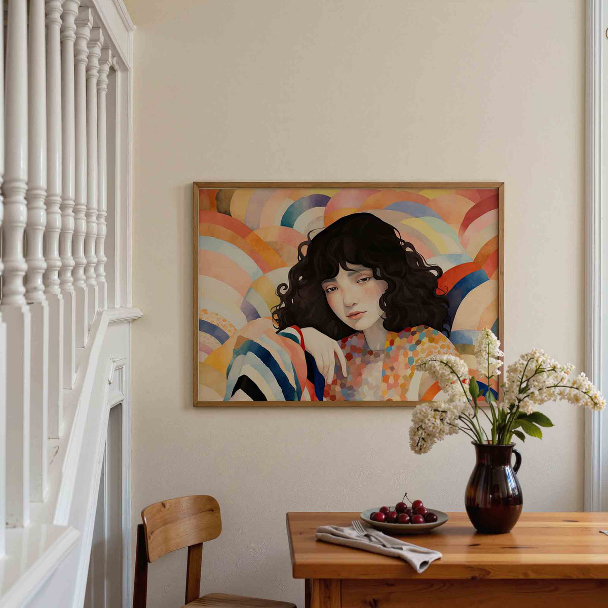 Vrouw met golvende achtergrond – liggende illustratie poster als wanddecoratie
