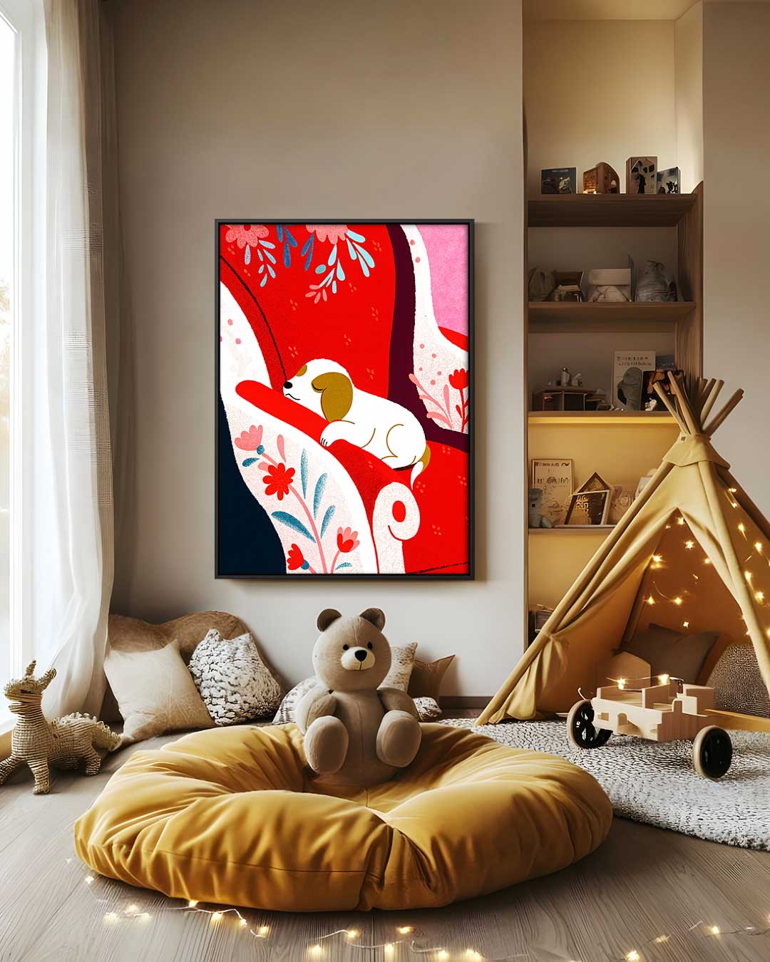 Dromerige Hond op Rode Stoel – canvas wanddecoratie in portret formaat