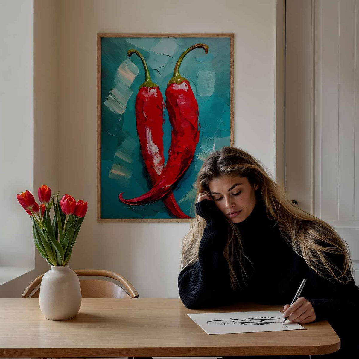 Spicy Chili Duo – keuken poster als sfeervolle staande wanddecoratie
