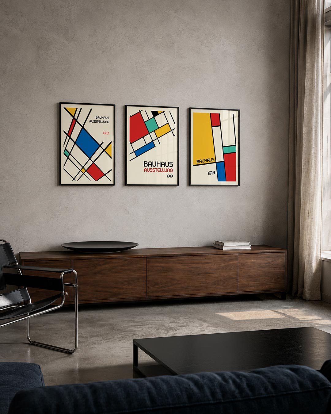 Kleurrijke lijnenspel posterset – tweede productweergave – deze posterset in drie delen toont een dynamisch lijnenspel met