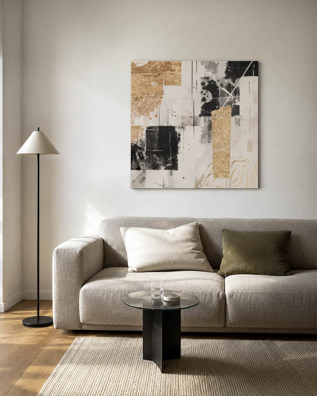 Gelaagde texturen kunstwerk – vierkante wanddecoratie – dit werk toont een dynamische compositie van zwart-wit vormen met