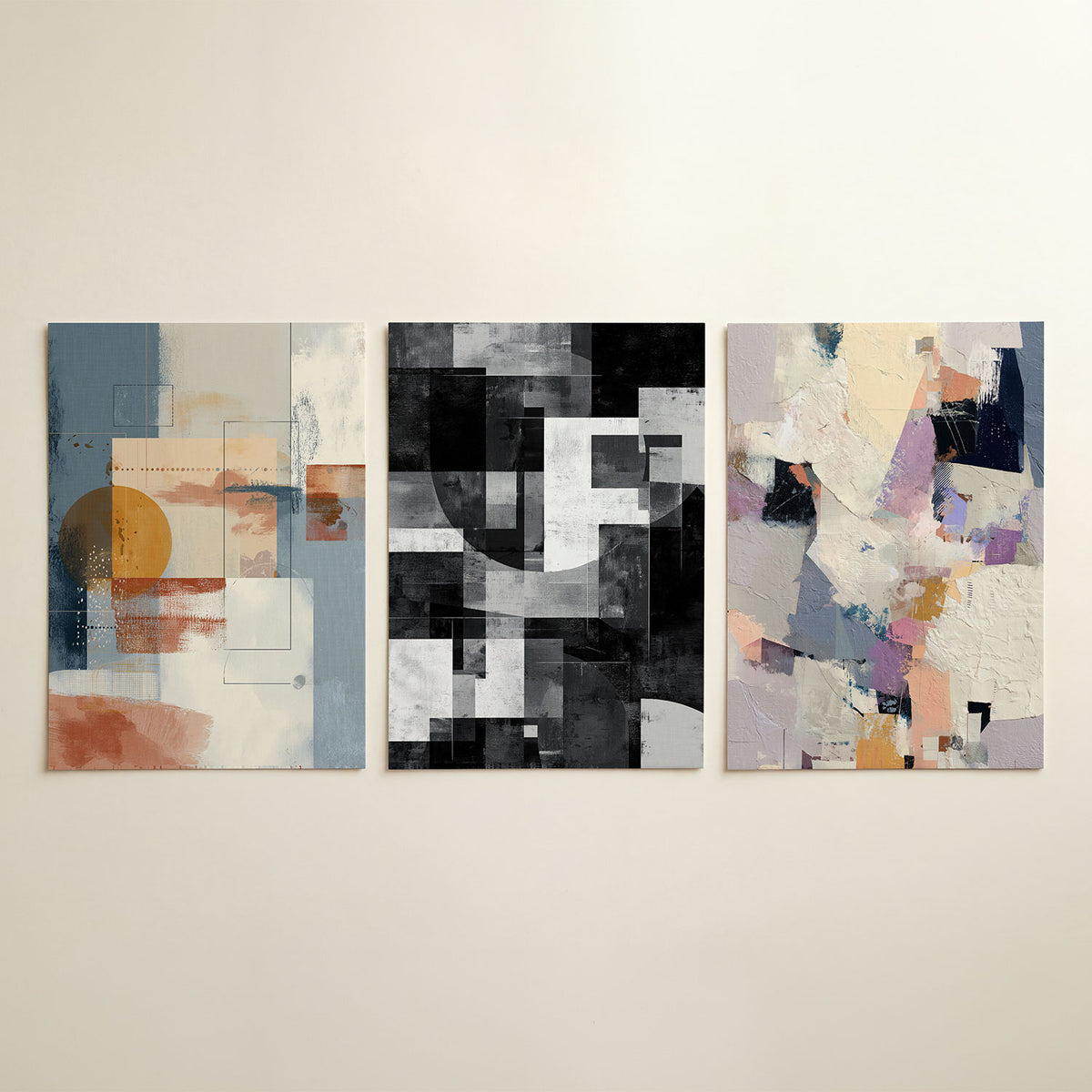 Vormen en vlakkenspel driedelige posterset in tweede interieur