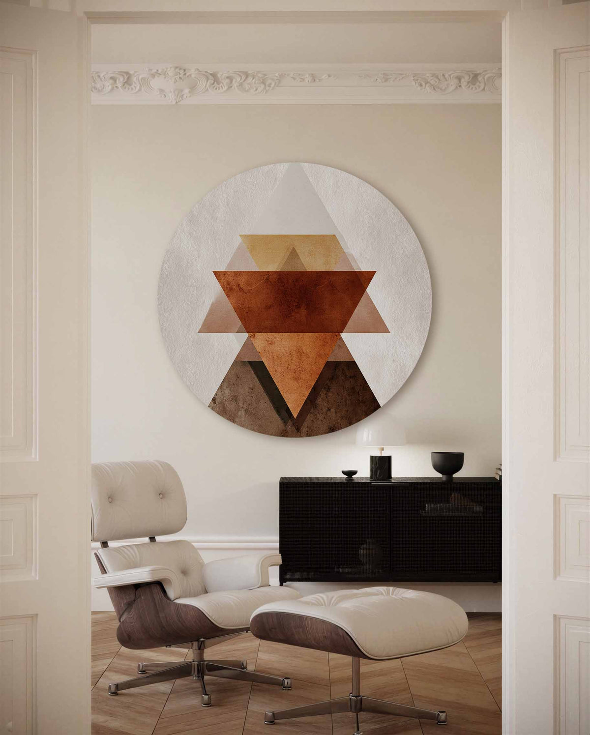 Geometrische driehoeken – portret muurcirkel als ronde muurdecoratie