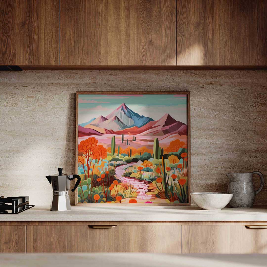 Berglandschap met cactussen – culinaire wandkunst als vierkante poster