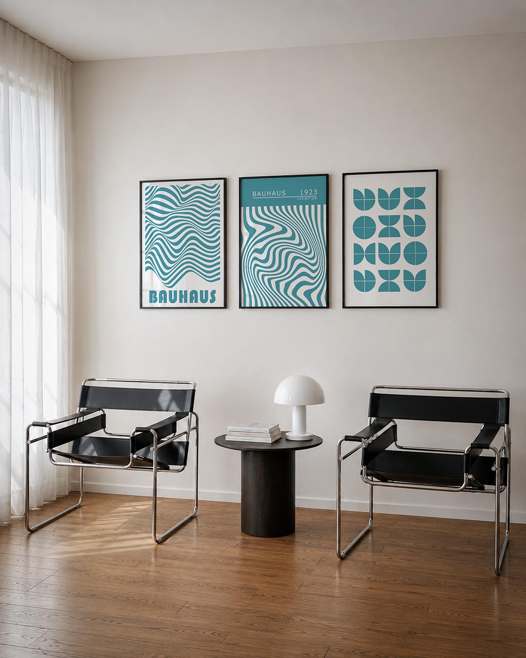 Golvend lijnenspel posterset – derde productweergave – deze posterset in drie delen toont vloeiende, golvende lijnen in blauw
