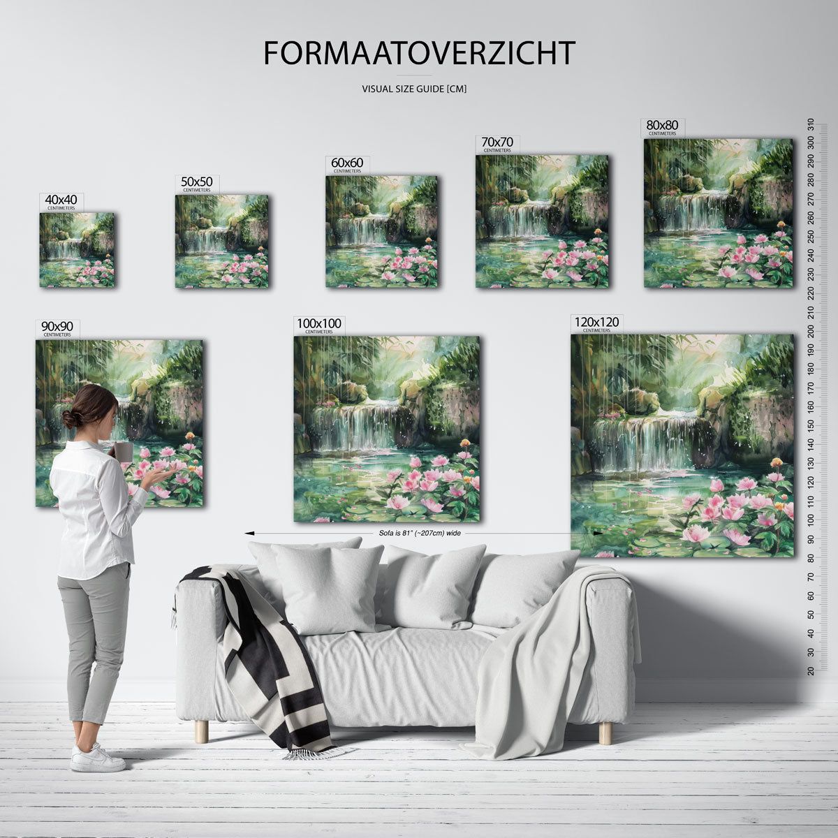 Waterval en bloemen – vierkante muurposter met kleurrijke vormen