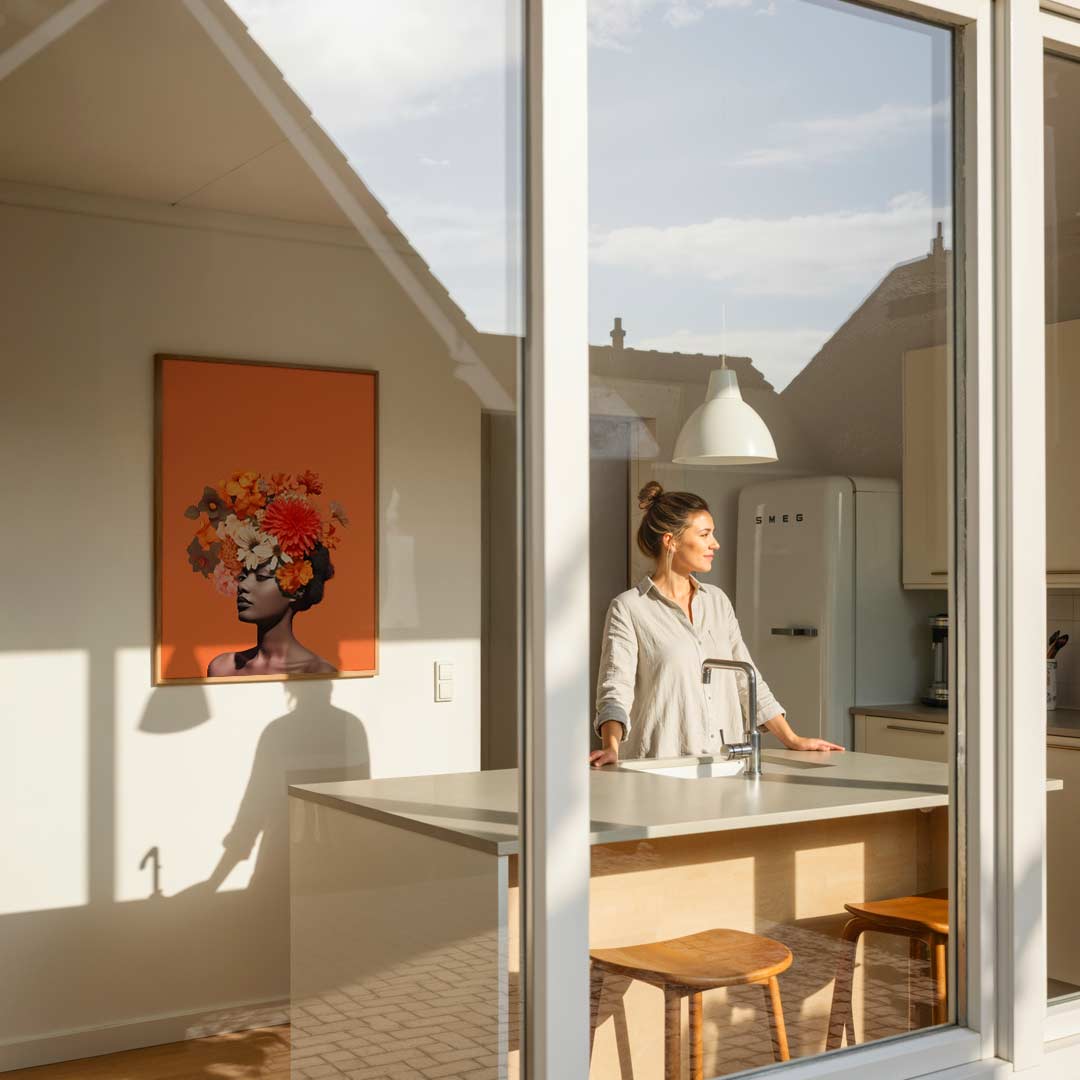 Vrouw met bloemenhoed op oranje achtergrond – vrouwelijke portretposter in staand formaat