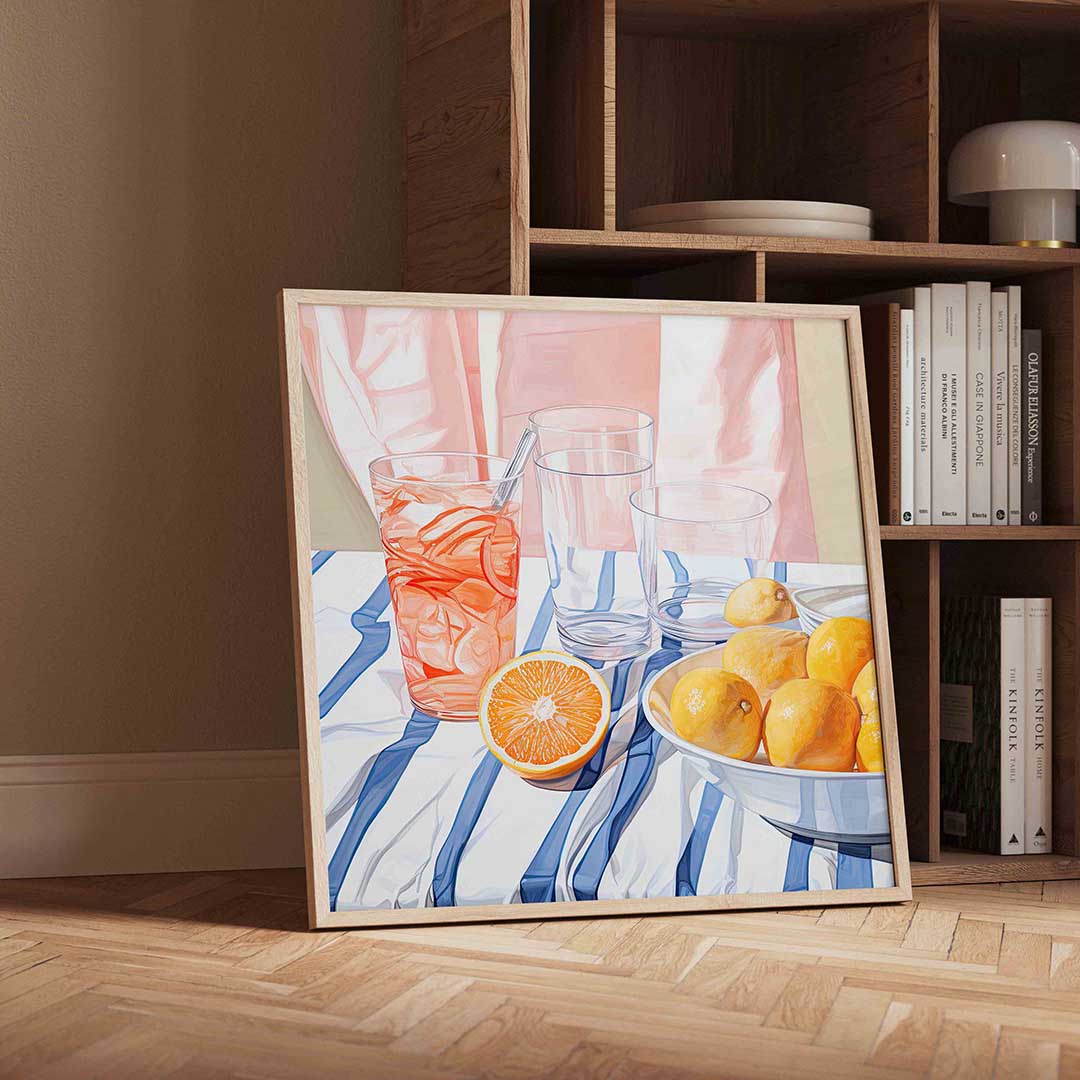 Citrus en glazen – geïllustreerde wandkunst als vierkante poster