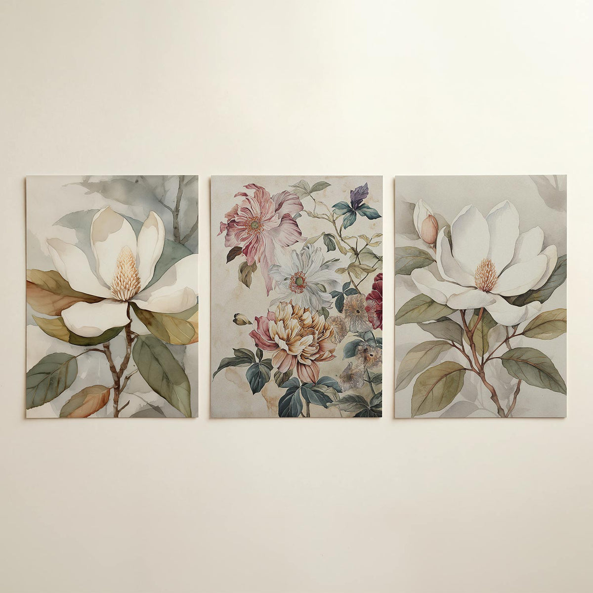 Bloem en bladeren posterset – detailweergave – een delicate bloem met grote witte bloemblaadjes en zachte,