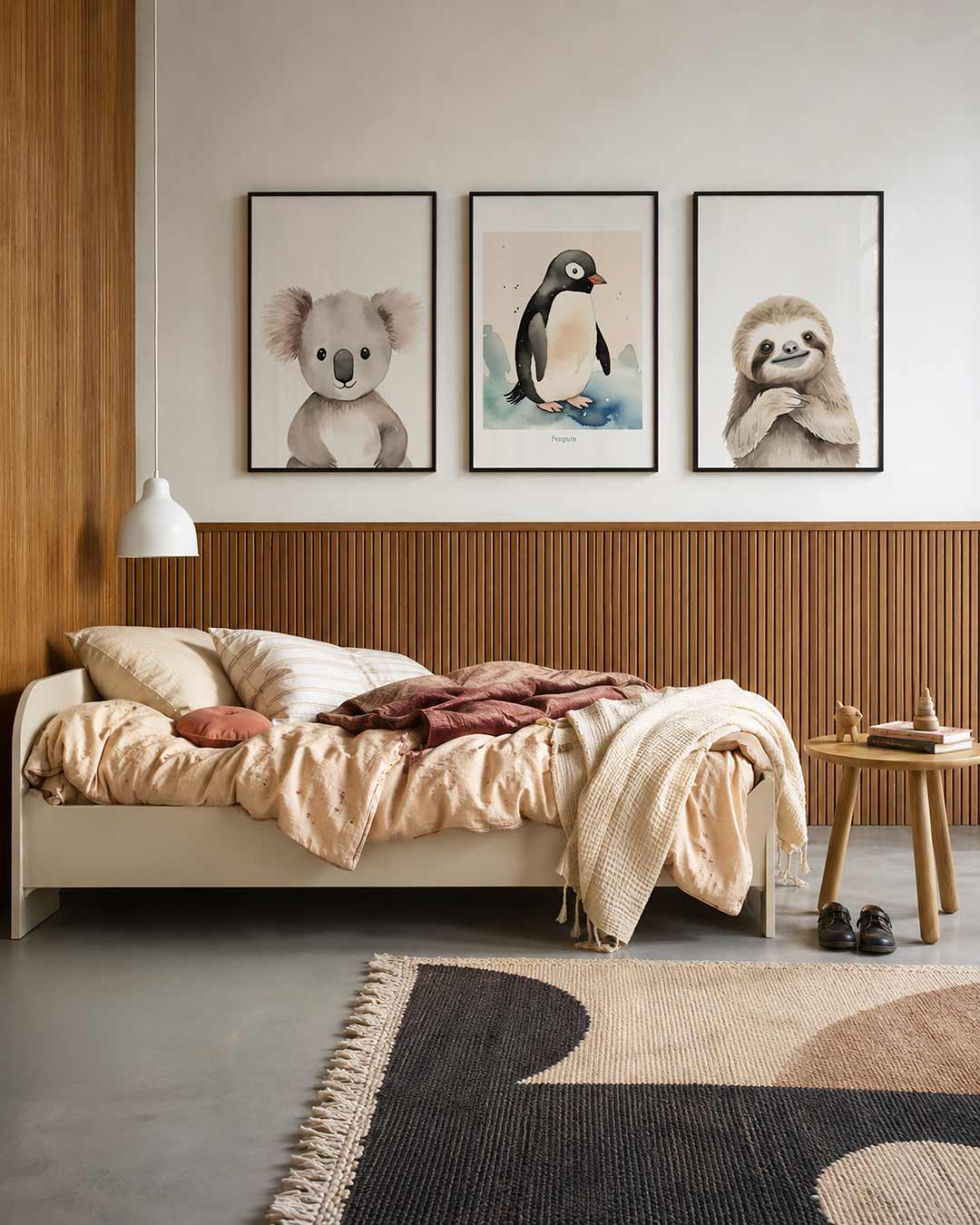 Zachte vormen driedelige posterset – een schattig dier met zachte grijstinten en subtiele lijnen