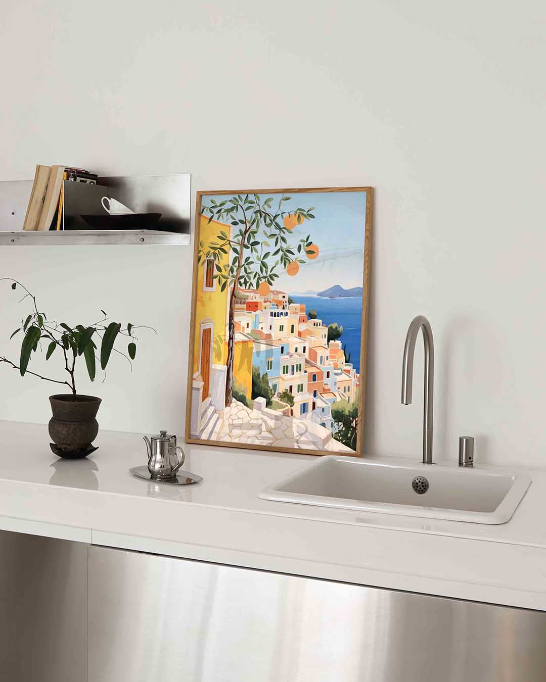 Mediterrane huizen en sinaasappelboom – keukenposter in staand formaat