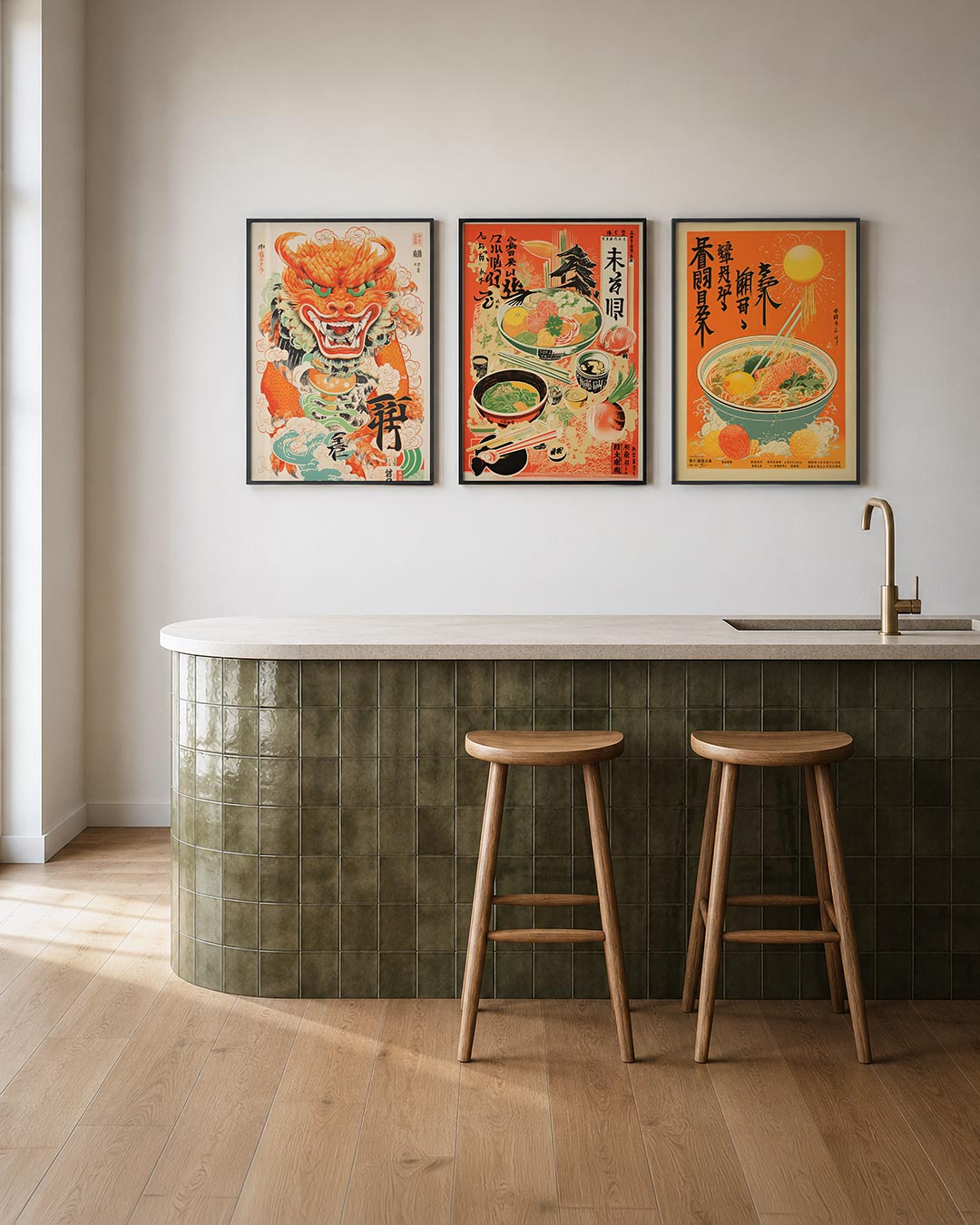 Draak en wolken posterset – tweede productweergave – een vurige draak met oranje schubben en groene ogen,