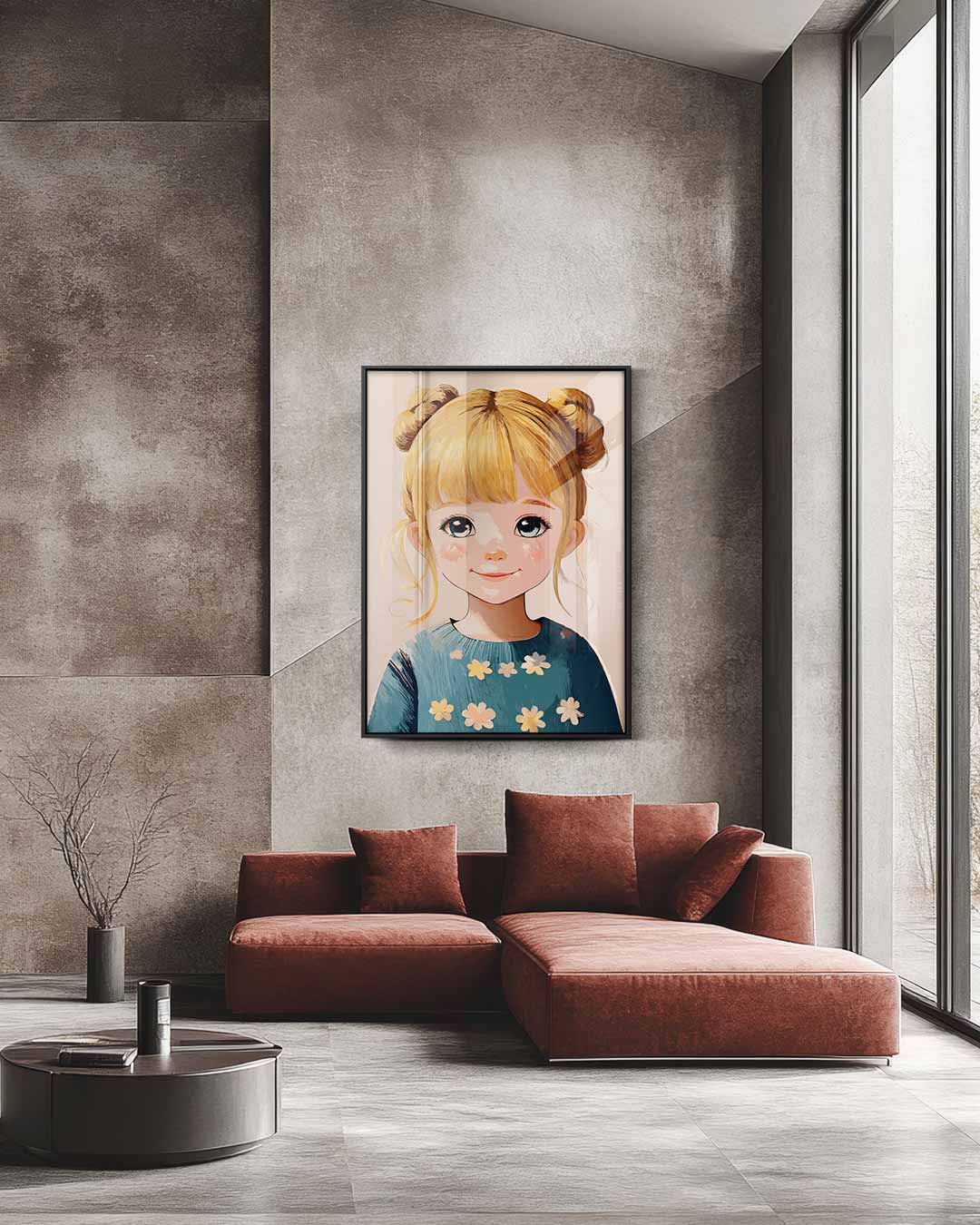 Dromerig Meisje met Bloemen – staande wandkunst voor woonkamer of interieur