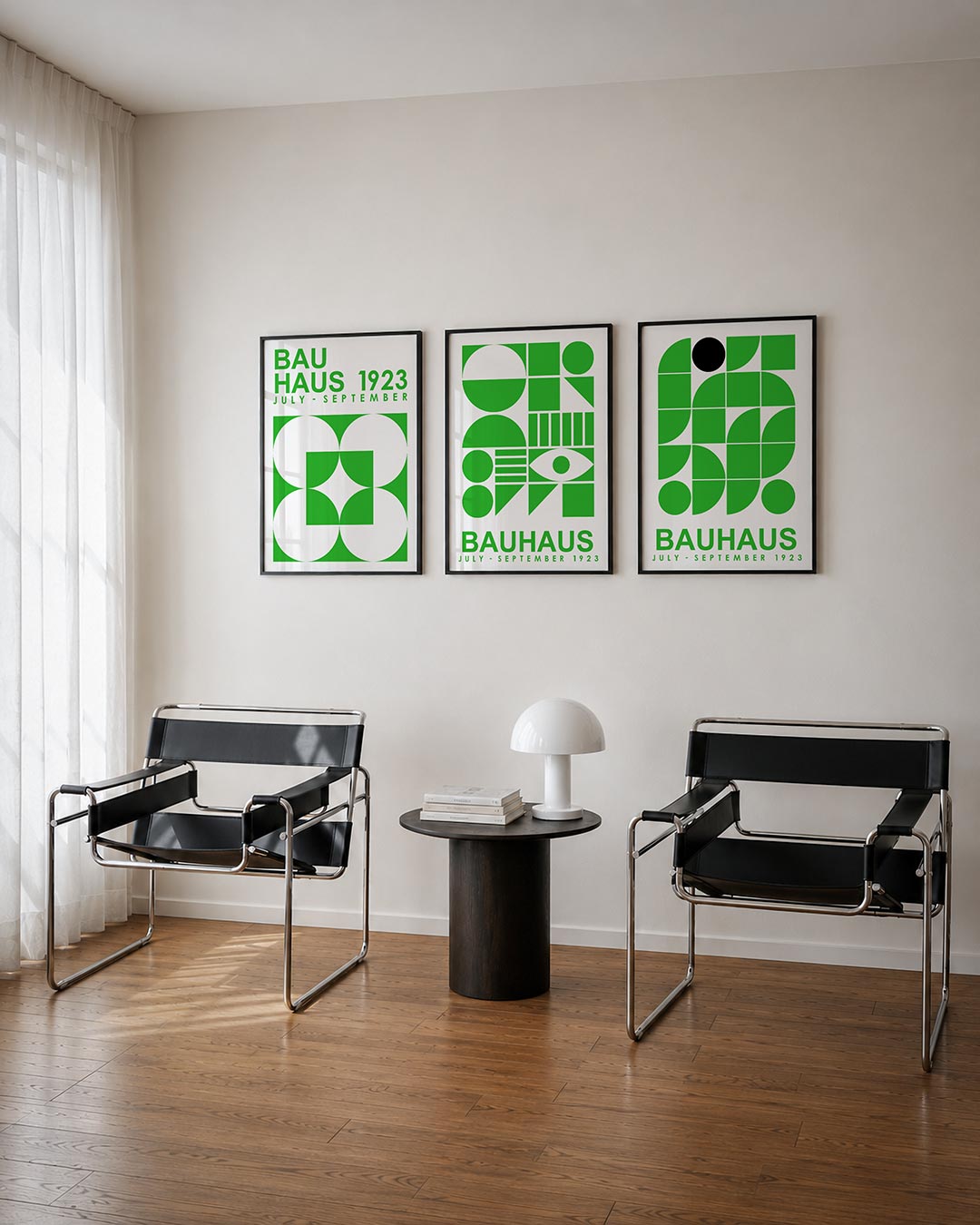 Vormen en kleur posterset – tweede productweergave – deze posterset in drie delen toont een levendig spel van groene en witte