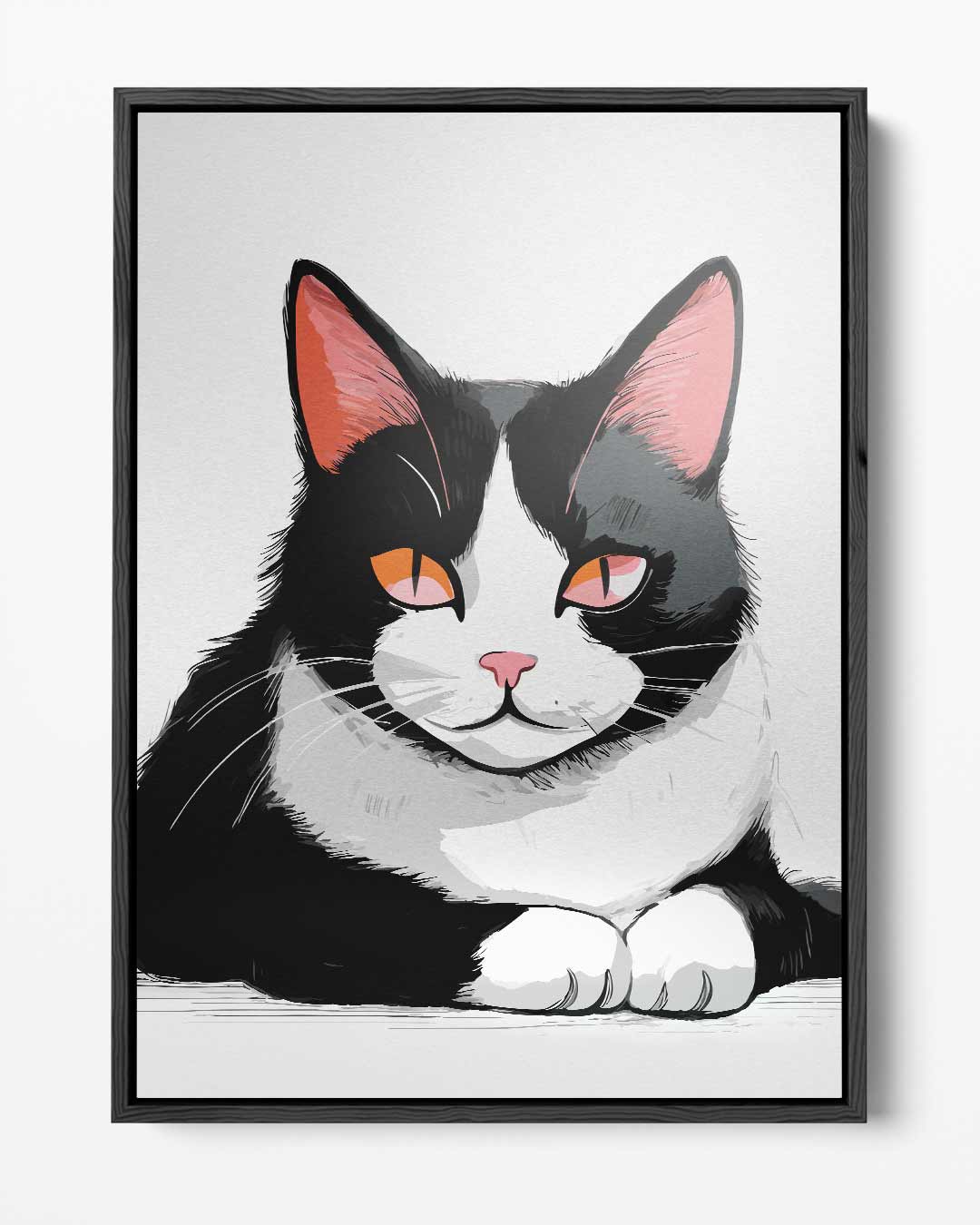 Relaxte Kat in Stijlvolle Zwart-Wit Illustratie – portret kunstwerk als wanddecoratie