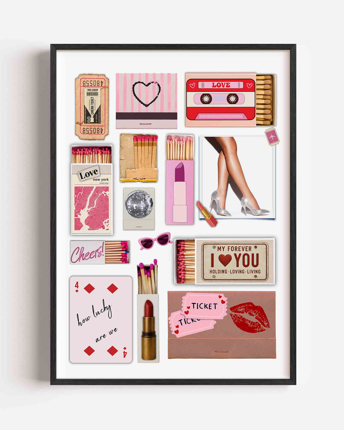 Retro collage met lucifers en lippenstift – Pop Art portret poster als wanddecoratie