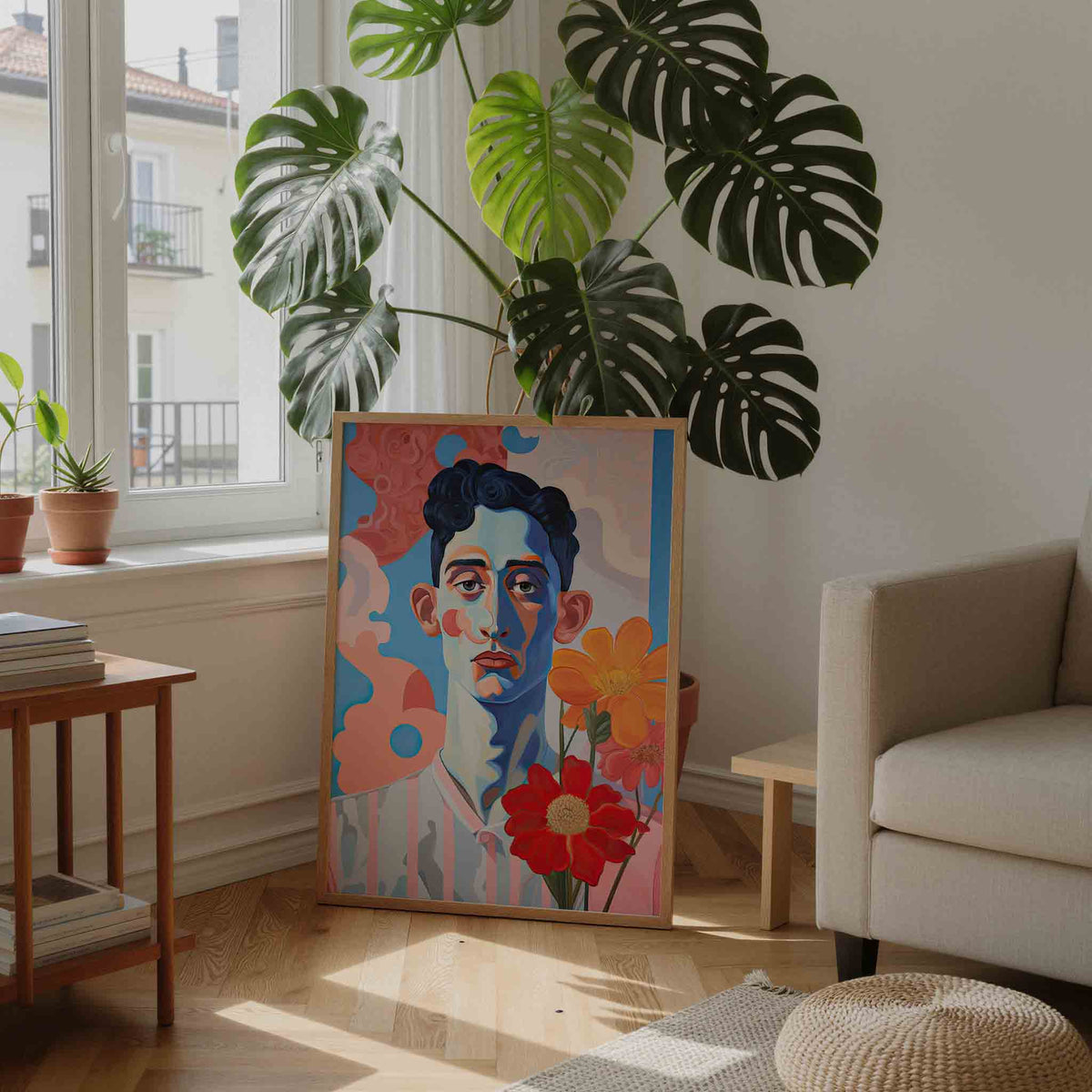 Portret met bloemen – staande botanische wanddecoratie van WallArtistic