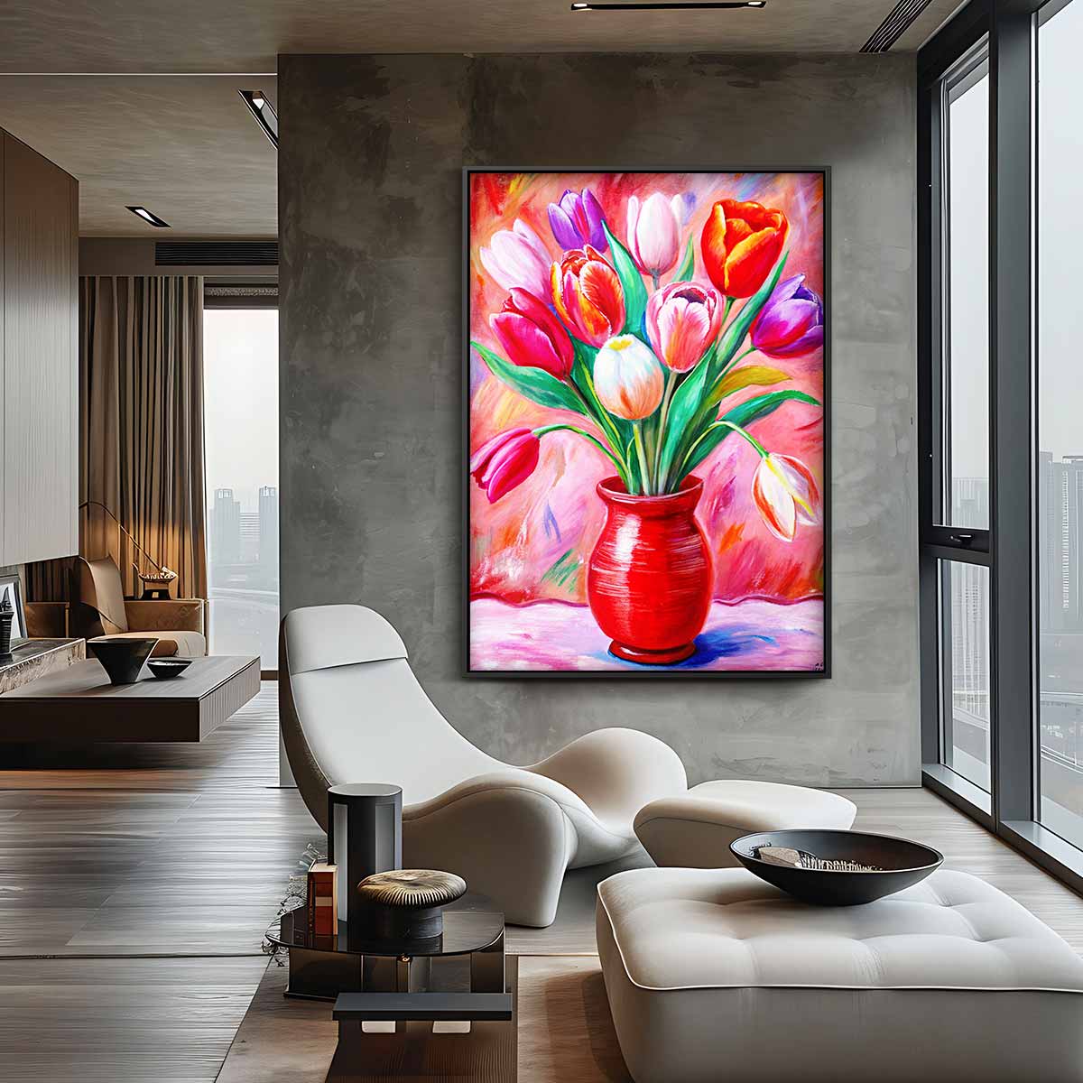 Kleurrijke Tulpen in Rode Vaas – canvas kunstwerk als wanddecoratie
