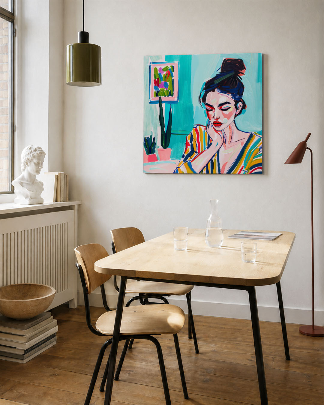 Kleurrijke portret expressie kunstwerk – vierkante wanddecoratie – dit kunstwerk toont een vrouwelijk portret met levendige